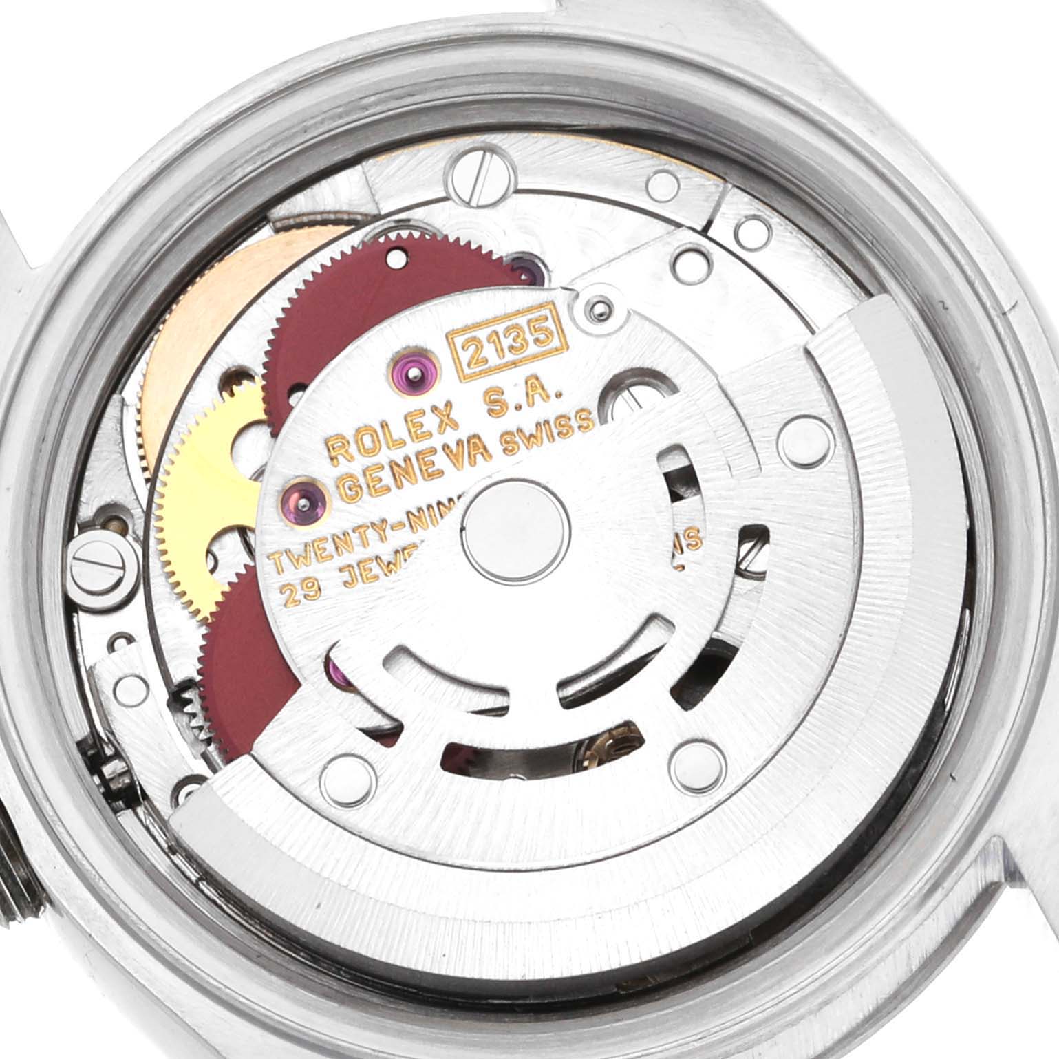 This image shows the internal movement mechanism of a Rolex Datejust 69174 Women's Stainless Steel Silver Dial 69174 Women's Stainless Steel Silver Dial watch viewed from the back.