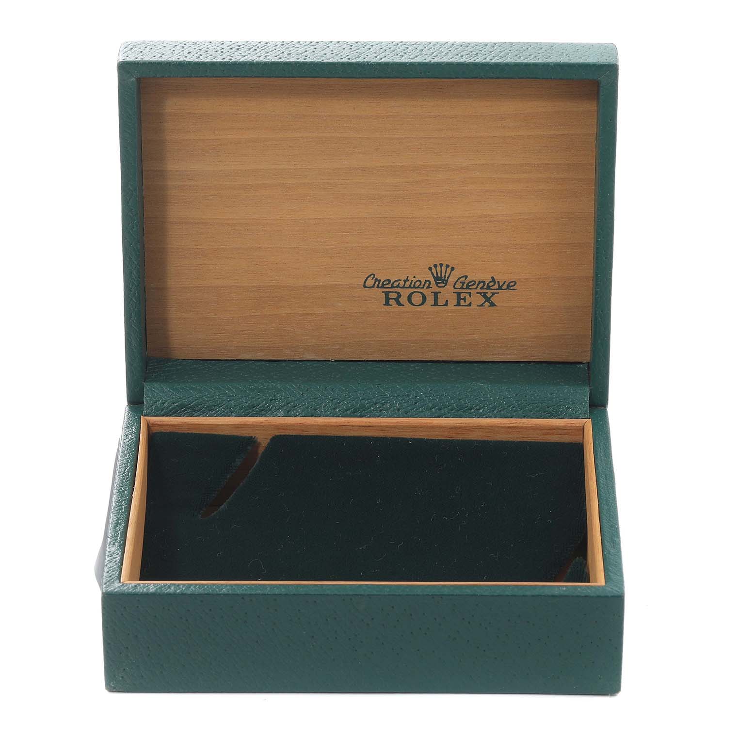 This image shows an open green and wooden Rolex watch box from the Vintage Collection model.