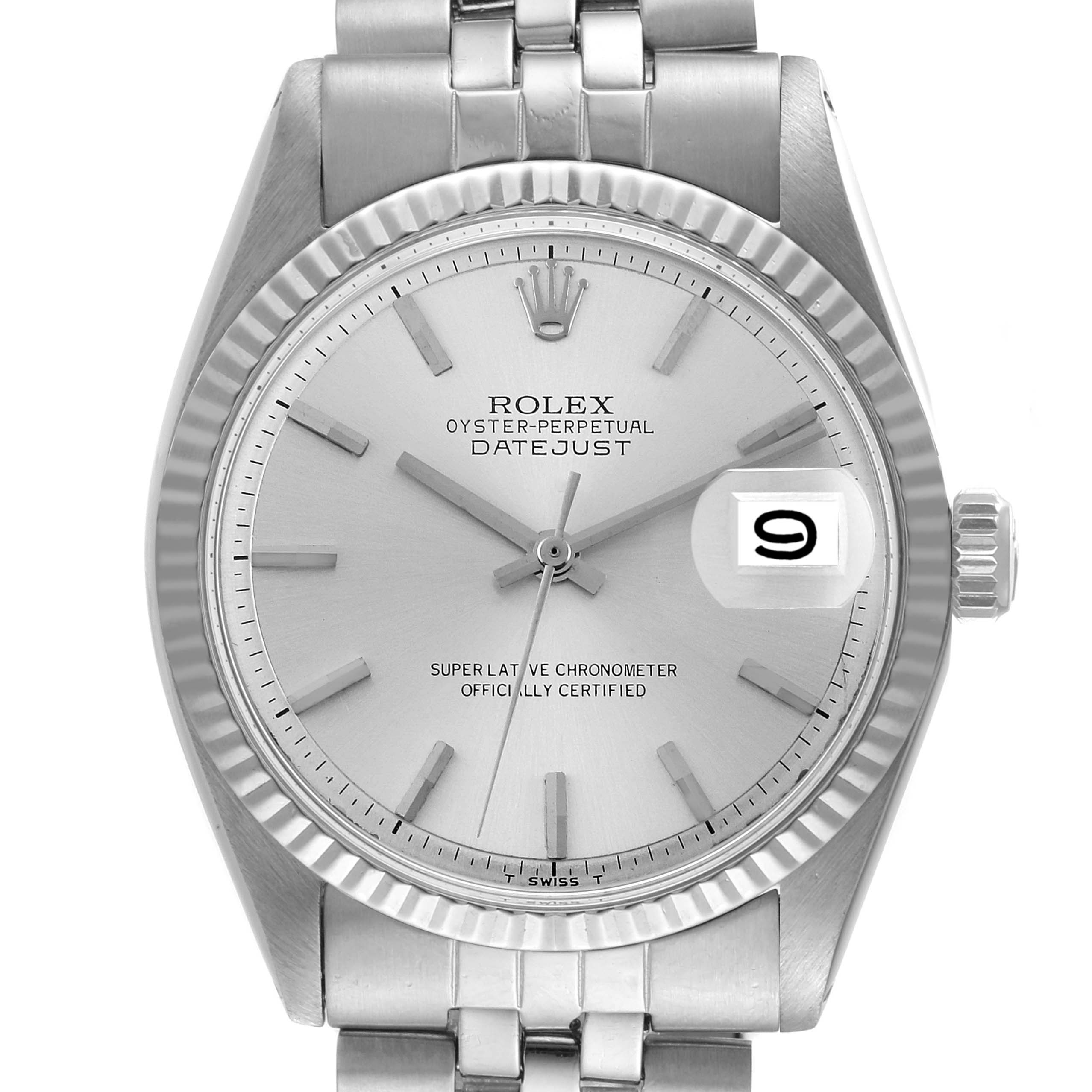 The image shows a front view of a Rolex Vintage Collection 1601 Men's Stainless Steel Silver Dial 1601 Men's Stainless Steel Silver Dial Datejust watch, highlighting its dial, bezel, and bracelet.
