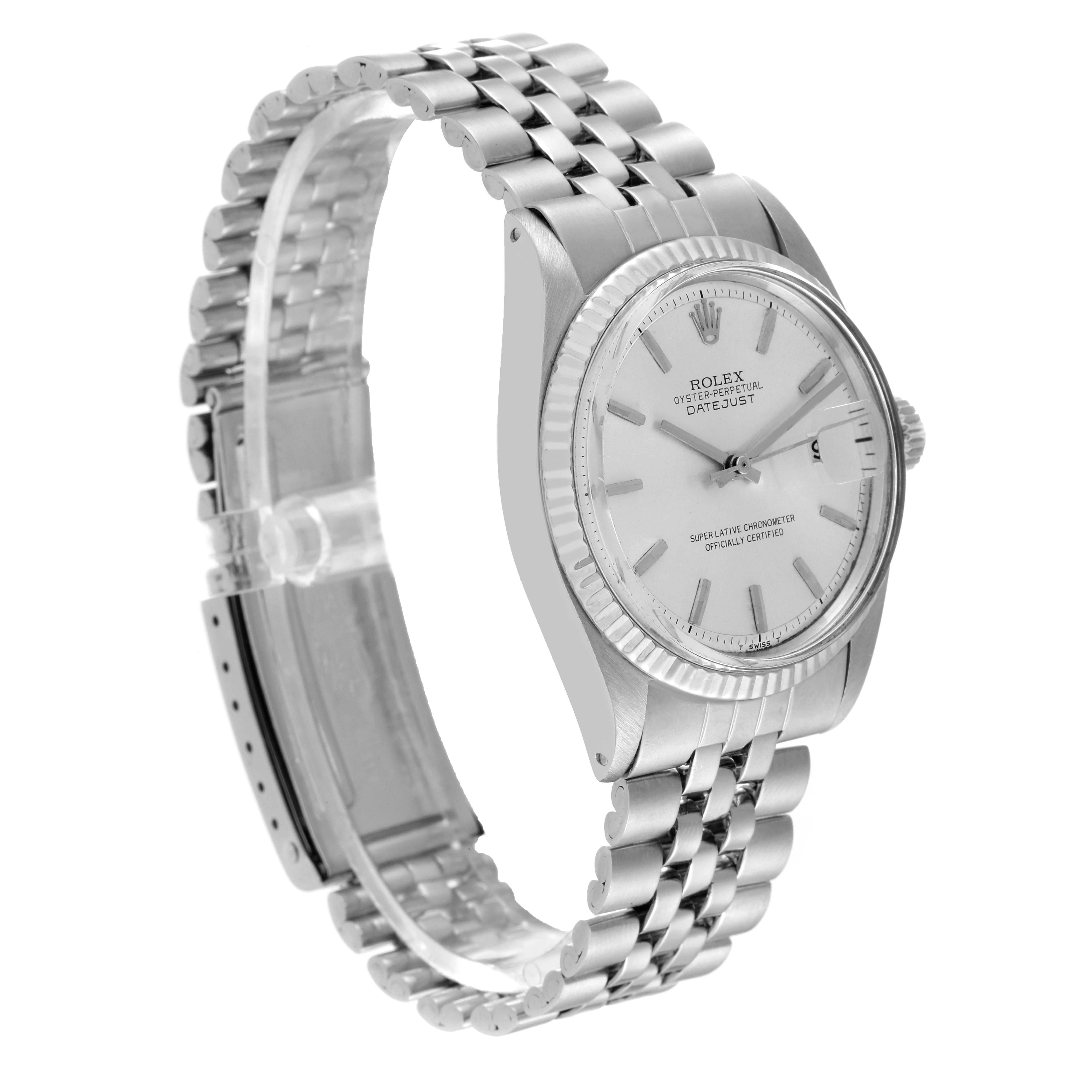 The Rolex Vintage Collection 1601 Men's Stainless Steel Silver Dial 1601 Men's Stainless Steel Silver Dial model watch is shown at an angle highlighting the face, bezel, and metal bracelet.