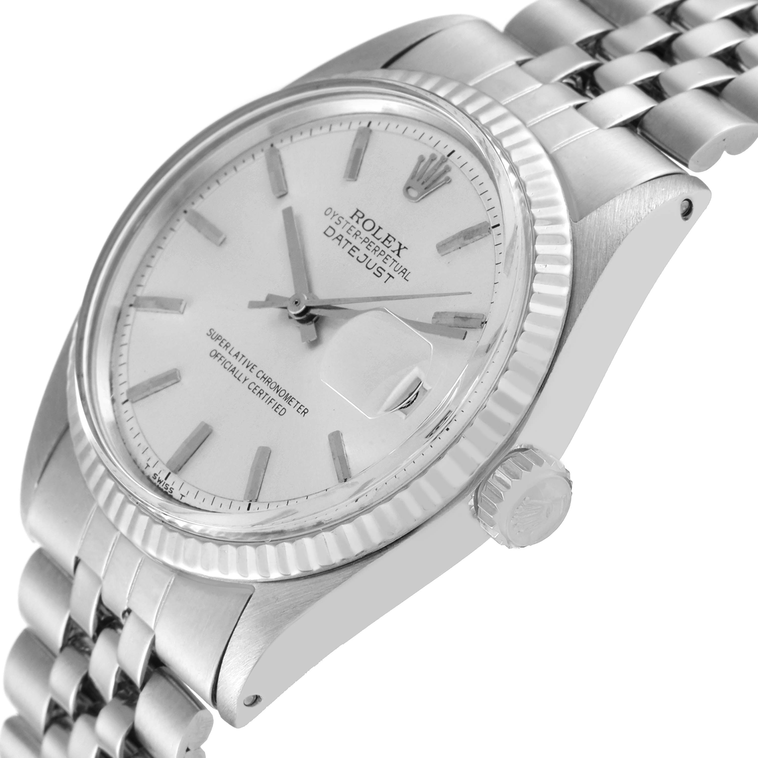 The image shows a side-angle view of the Rolex Vintage Collection 1601 Men's Stainless Steel Silver Dial 1601 Men's Stainless Steel Silver Dial Oyster Perpetual Datejust, highlighting the face, bezel, crown, and part of the bracelet.