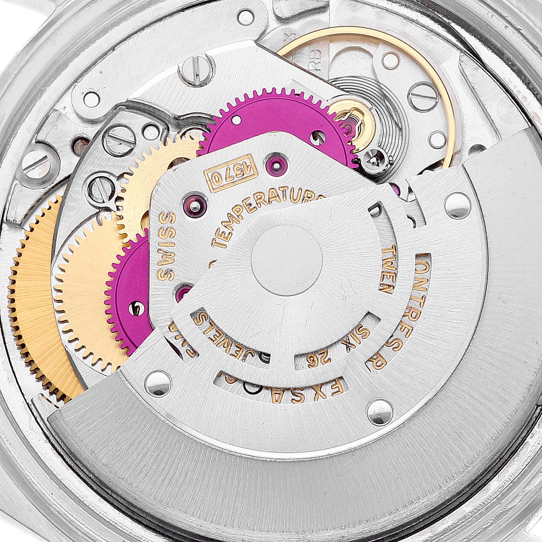 The image shows a close-up view of the internal mechanism of a Rolex Vintage Collection 1601 Men's Stainless Steel Silver Dial 1601 Men's Stainless Steel Silver Dial watch.