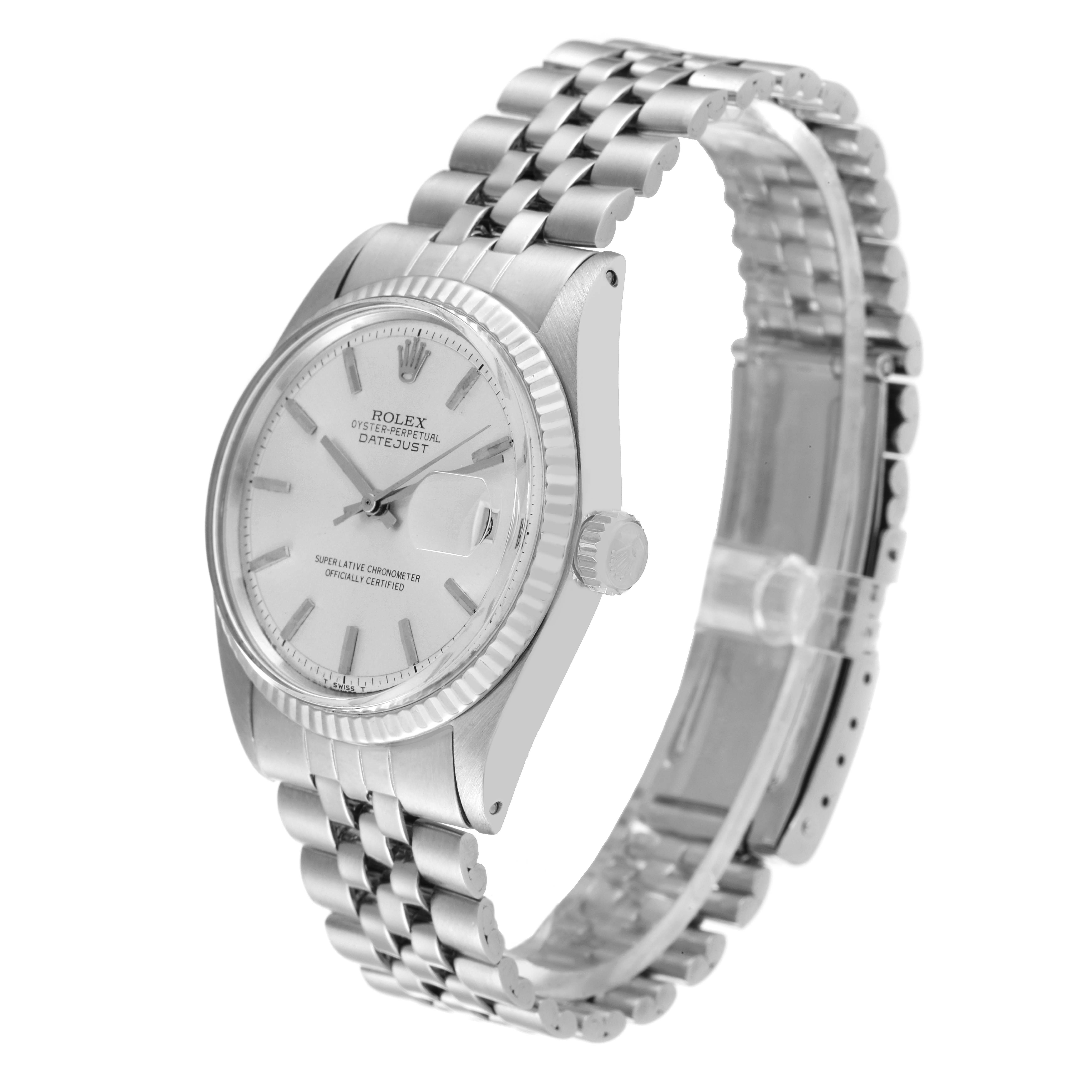 The image shows a Rolex Vintage Collection 1601 Men's Stainless Steel Silver Dial 1601 Men's Stainless Steel Silver Dial model from an angled side view, highlighting its dial, case, crown, and bracelet.
