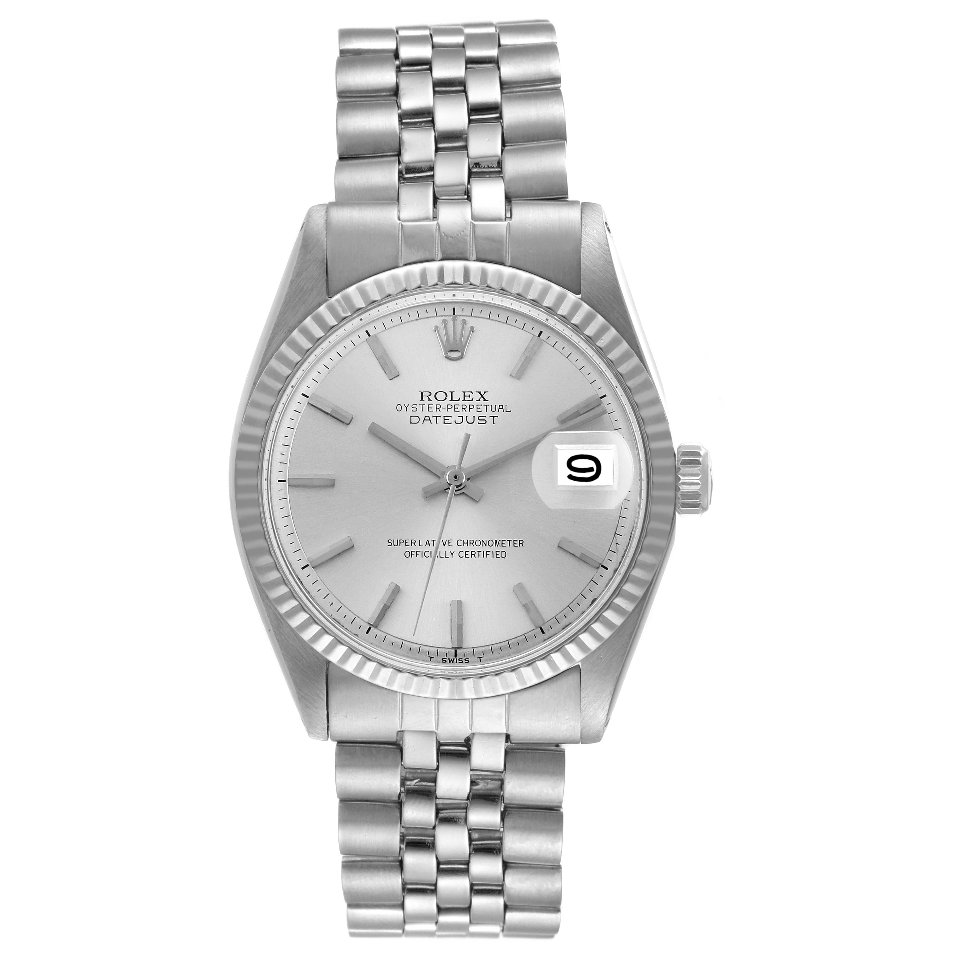 The image shows a front view of the Rolex Vintage Collection 1601 Men's Stainless Steel Silver Dial 1601 Men's Stainless Steel Silver Dial Datejust watch, displaying the face, bracelet, hands, and date window.