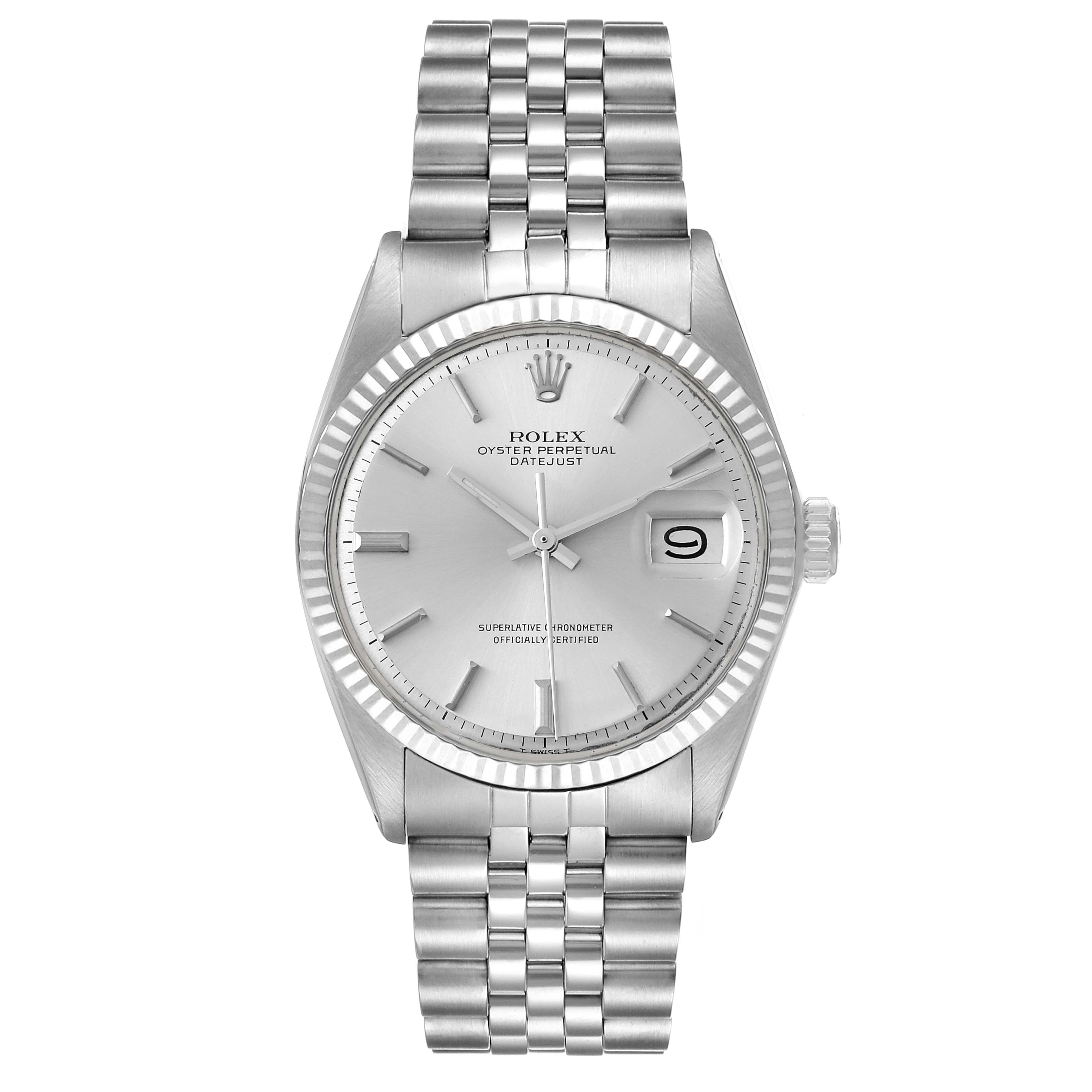 The Rolex Vintage Collection 1601 Men's Stainless Steel Silver Dial 1601 Men's Stainless Steel Silver Dial Datejust watch is shown from a front angle, highlighting its dial, case, and bracelet.