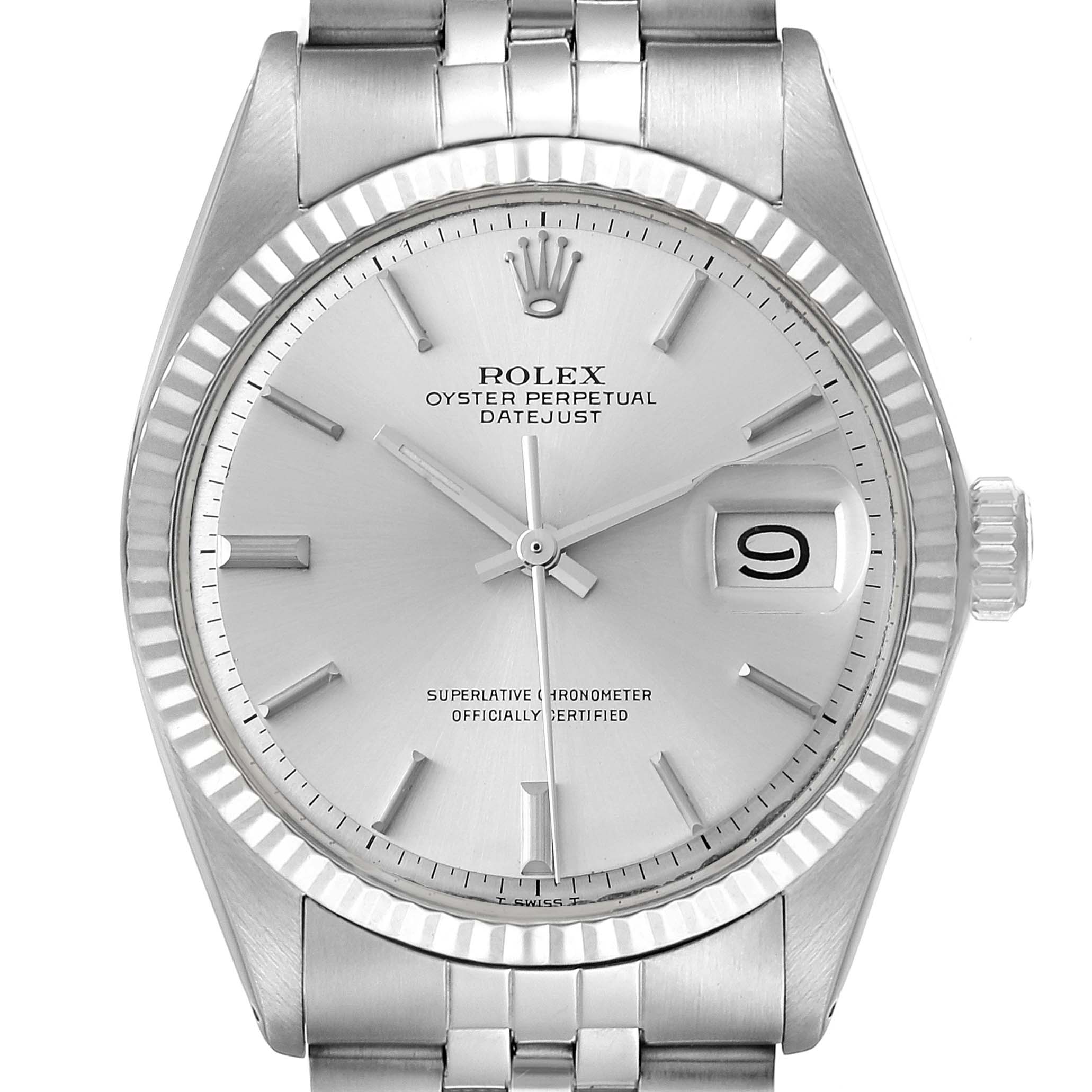 The image shows a frontal view of the Rolex Vintage Collection 1601 Men's Stainless Steel Silver Dial 1601 Men's Stainless Steel Silver Dial Oyster Perpetual Datejust, highlighting the silver dial and date feature.