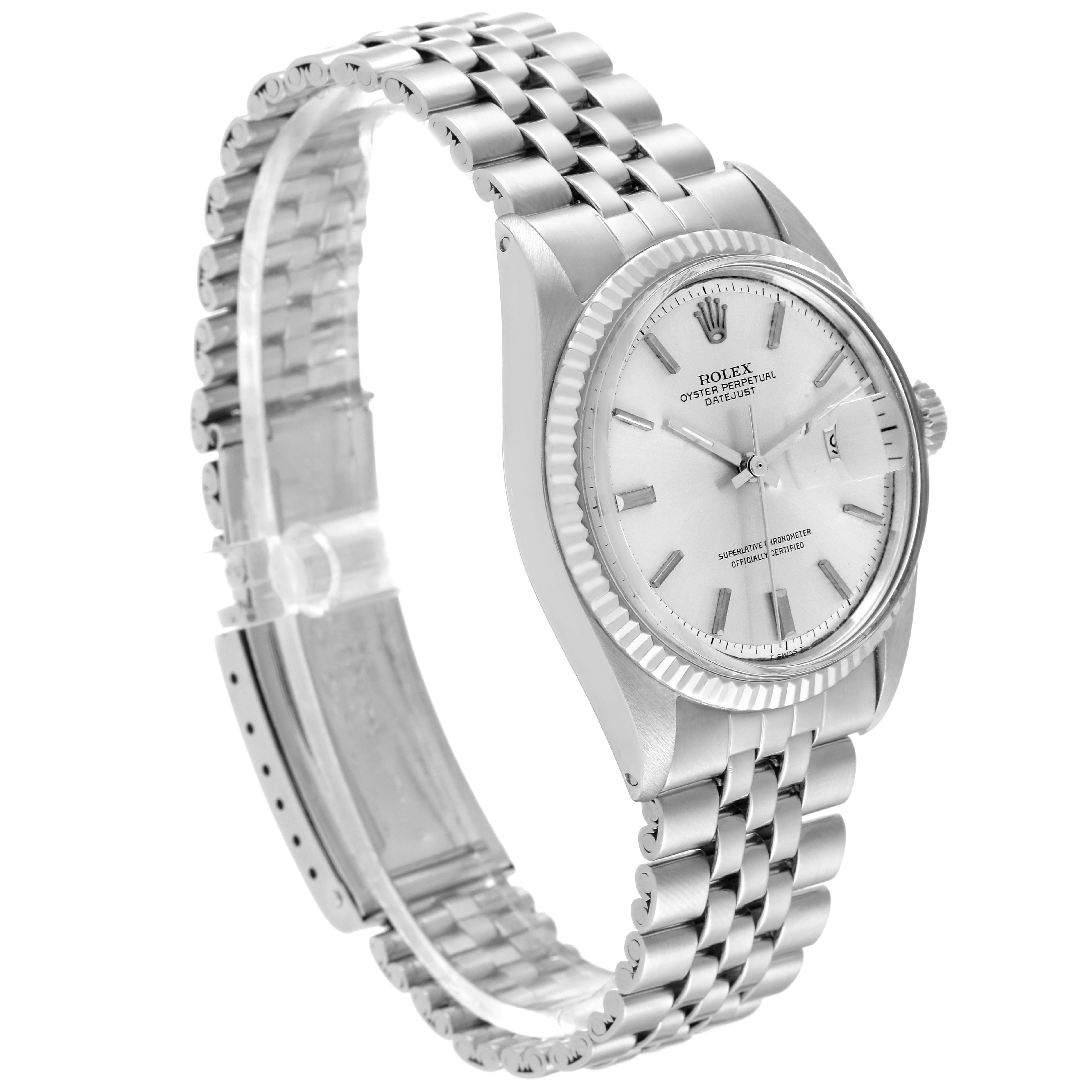 This image shows a side view of a Rolex Vintage Collection 1601 Men's Stainless Steel Silver Dial 1601 Men's Stainless Steel Silver Dial model watch, highlighting the face, bezel, and bracelet.