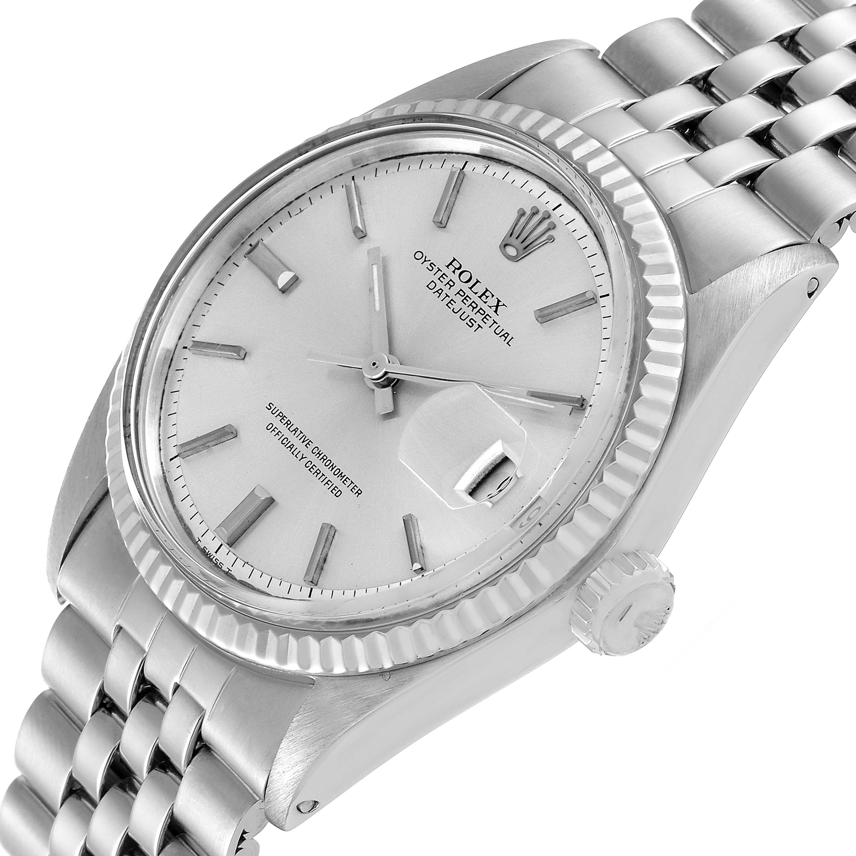 The image shows a Rolex Vintage Collection 1601 Men's Stainless Steel Silver Dial 1601 Men's Stainless Steel Silver Dial watch from an angled view, highlighting its face, bezel, crown, and part of the bracelet.