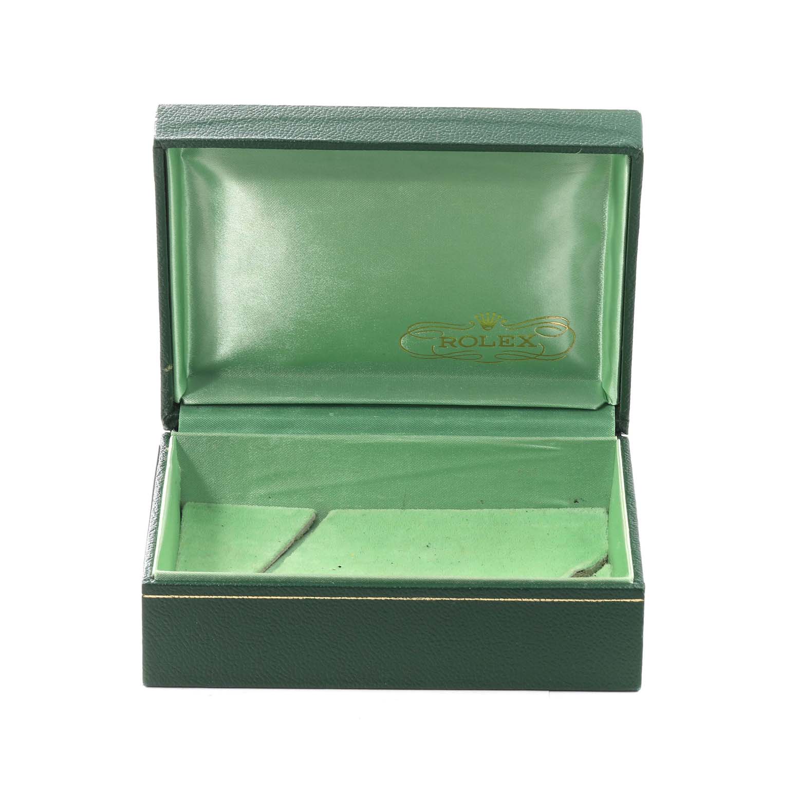 The image shows an open Rolex watch box for the Vintage Collection model, featuring green interior padding and the Rolex logo.