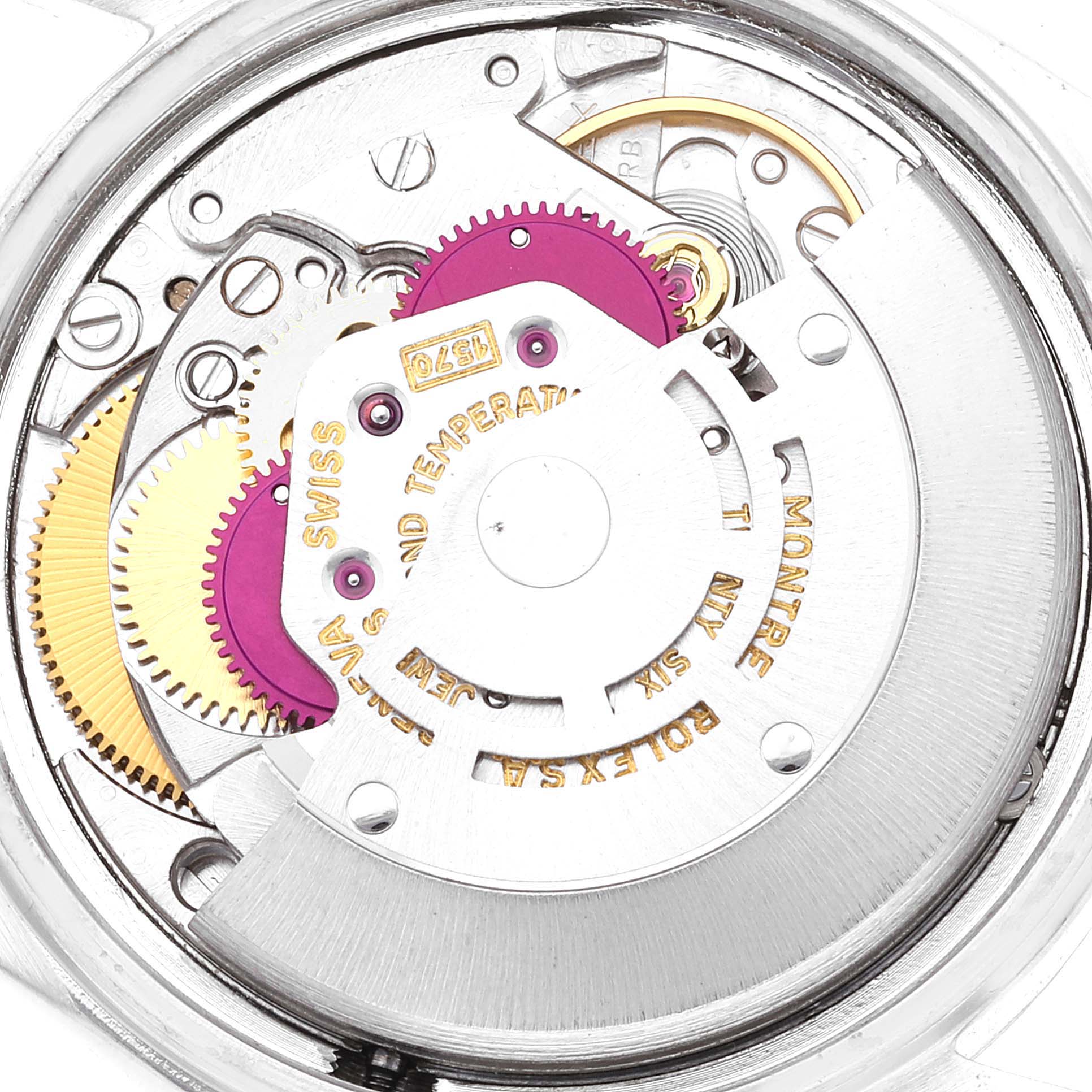 This image shows the internal mechanism of the Rolex Vintage Collection 1601 Men's Stainless Steel Silver Dial 1601 Men's Stainless Steel Silver Dial watch viewed from the back.