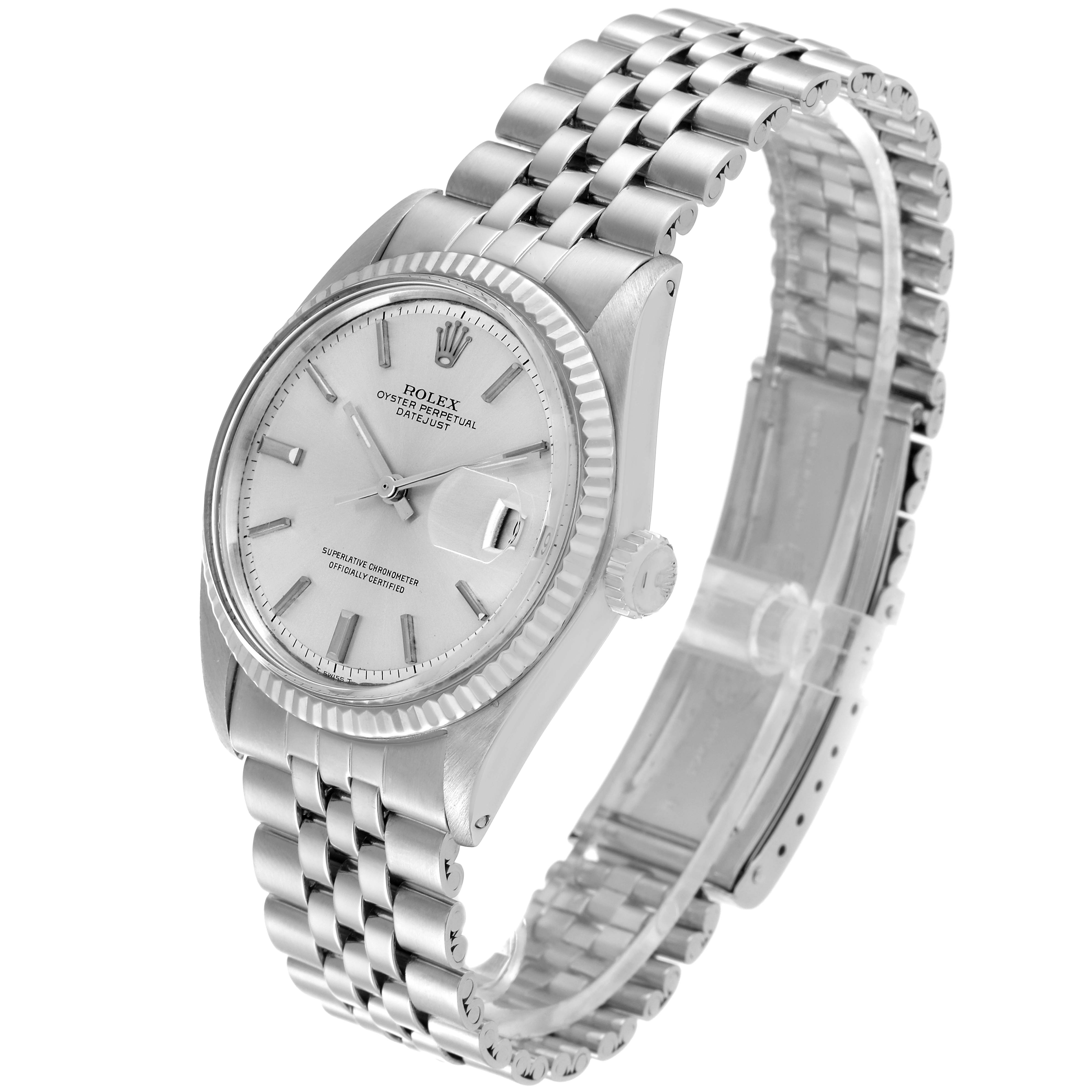 The image shows a side angle view of the Rolex Vintage Collection 1601 Men's Stainless Steel Silver Dial 1601 Men's Stainless Steel Silver Dial watch, highlighting the dial, fluted bezel, and Jubilee bracelet.