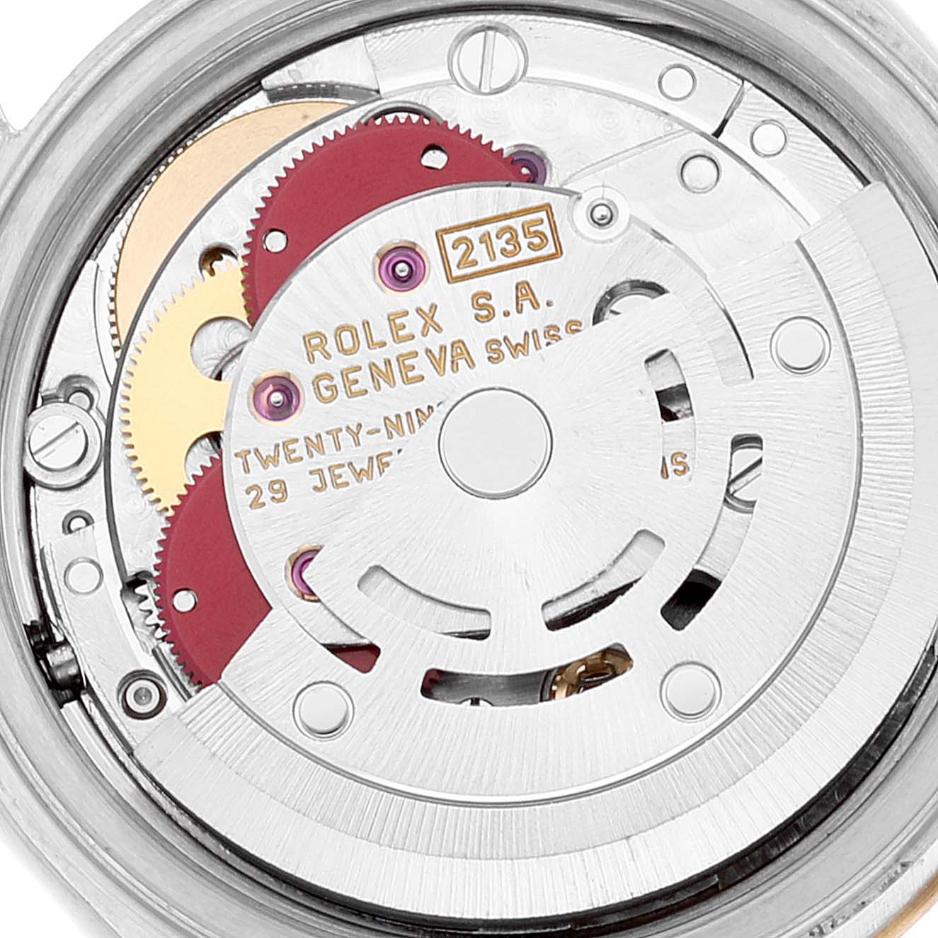 This close-up shows the internal mechanics and movement of a Rolex Datejust 69173 Women's Steel and Gold (two tone) Champagne Dial 69173 Women's Steel and Gold (two tone) Champagne Dial watch.