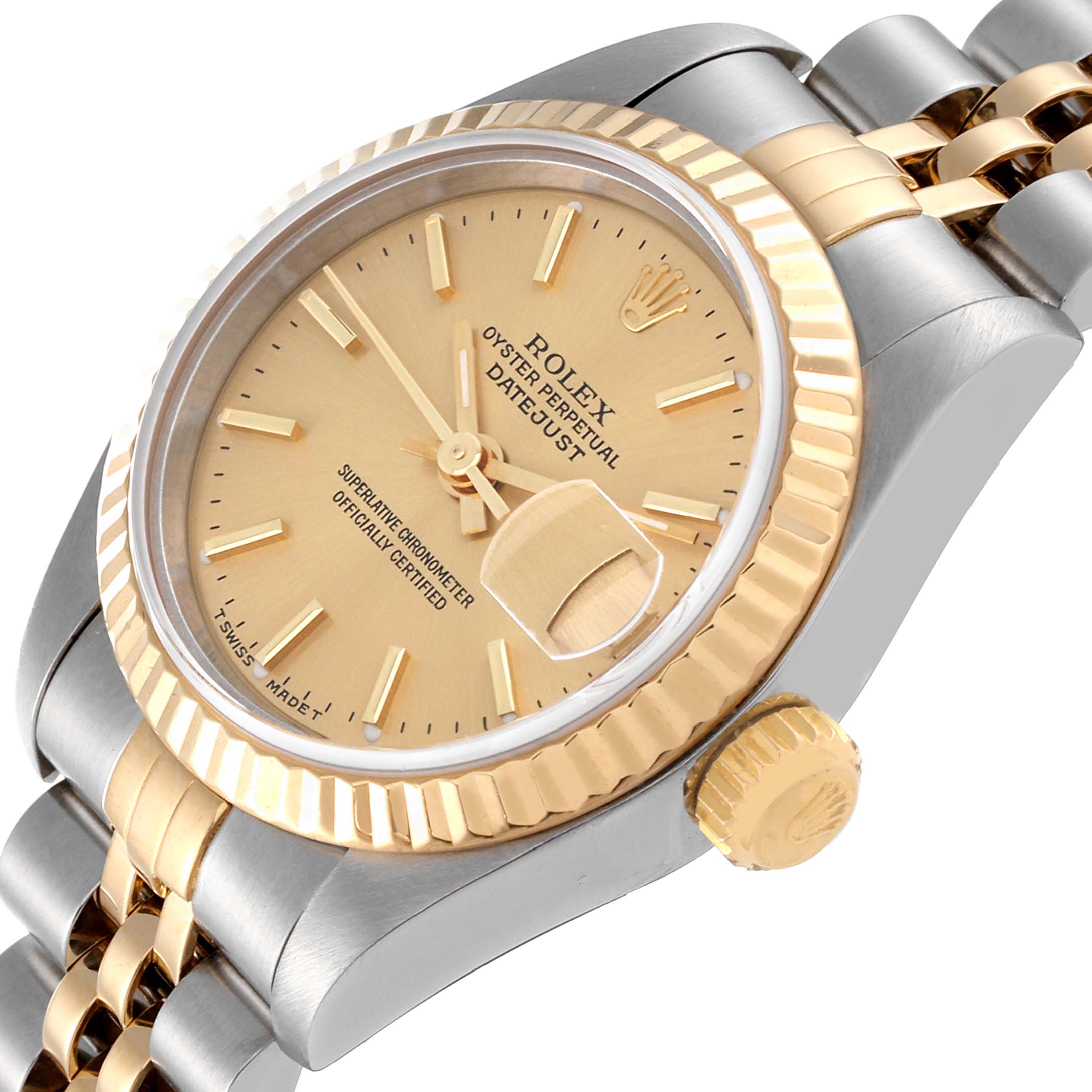 This Rolex Datejust 69173 Women's Steel and Gold (two tone) Champagne Dial 69173 Women's Steel and Gold (two tone) Champagne Dial watch is shown at an angle, featuring the dial, bezel, crown, and part of the bracelet.