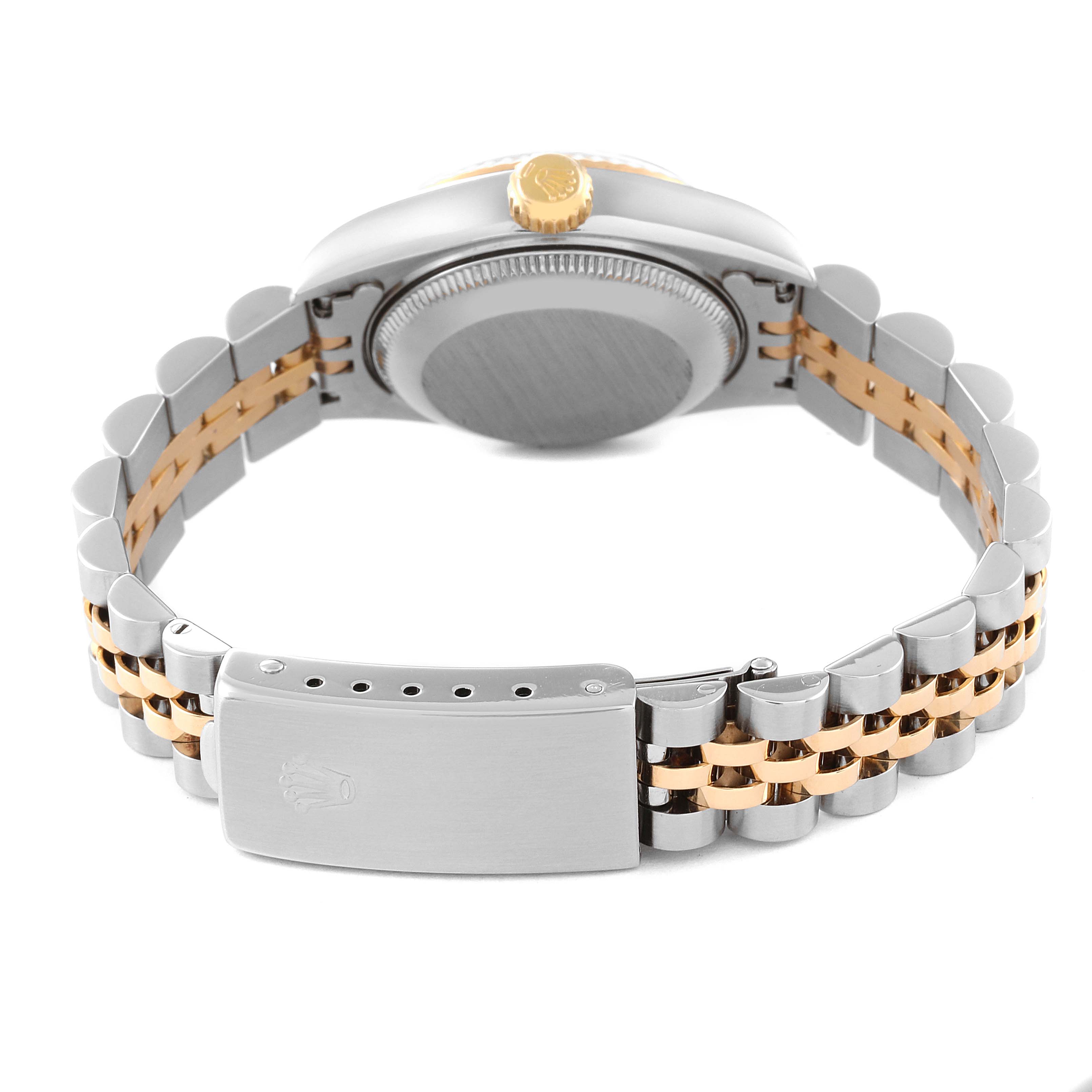The image shows a Rolex Datejust 69173 Women's Steel and Gold (two tone) Champagne Dial 69173 Women's Steel and Gold (two tone) Champagne Dial watch from a rear angle, featuring its case back, jubilee bracelet, and clasp.