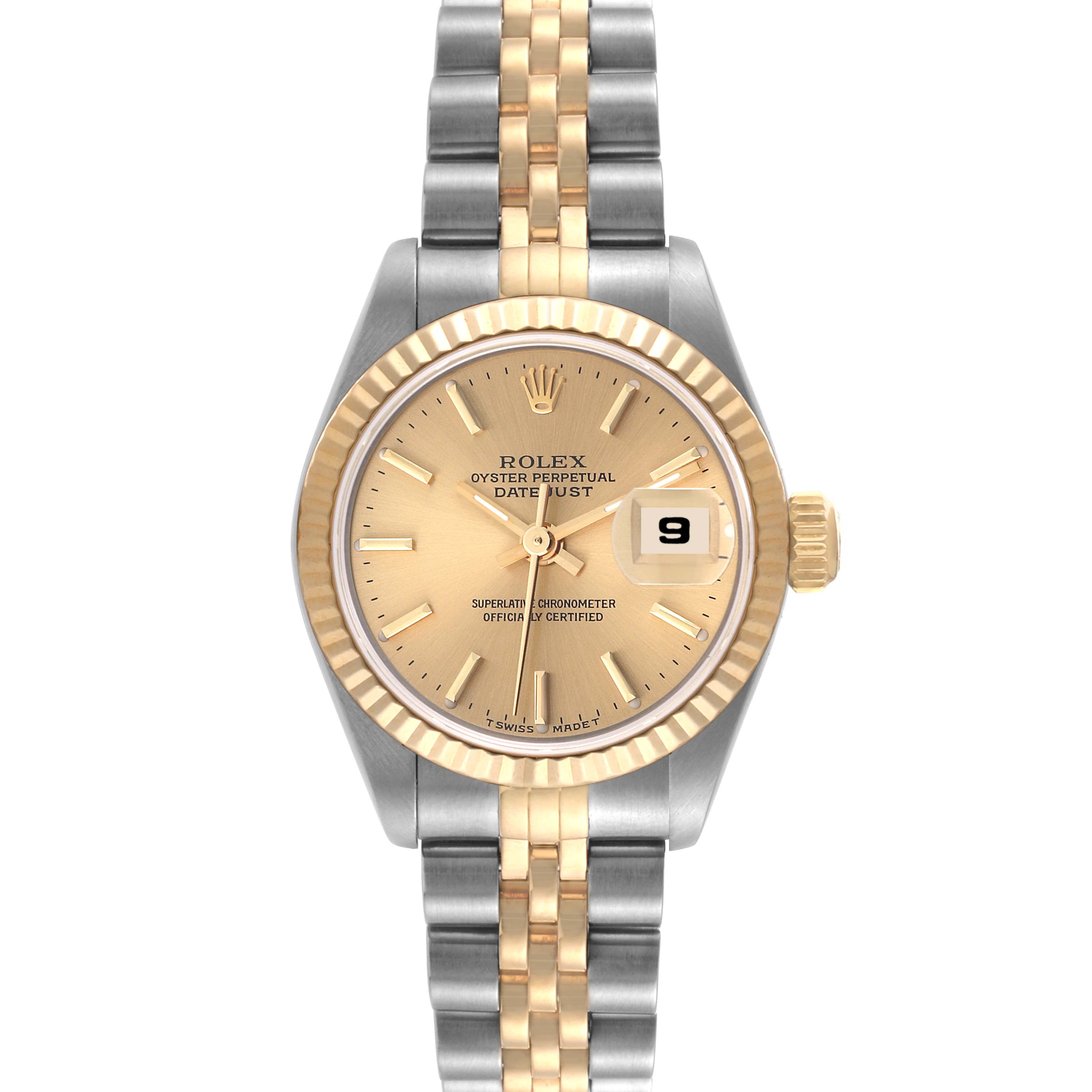 The image shows a front view of the Rolex Datejust 69173 Women's Steel and Gold (two tone) Champagne Dial 69173 Women's Steel and Gold (two tone) Champagne Dial watch, highlighting the dial, bezel, bracelet, and date window.