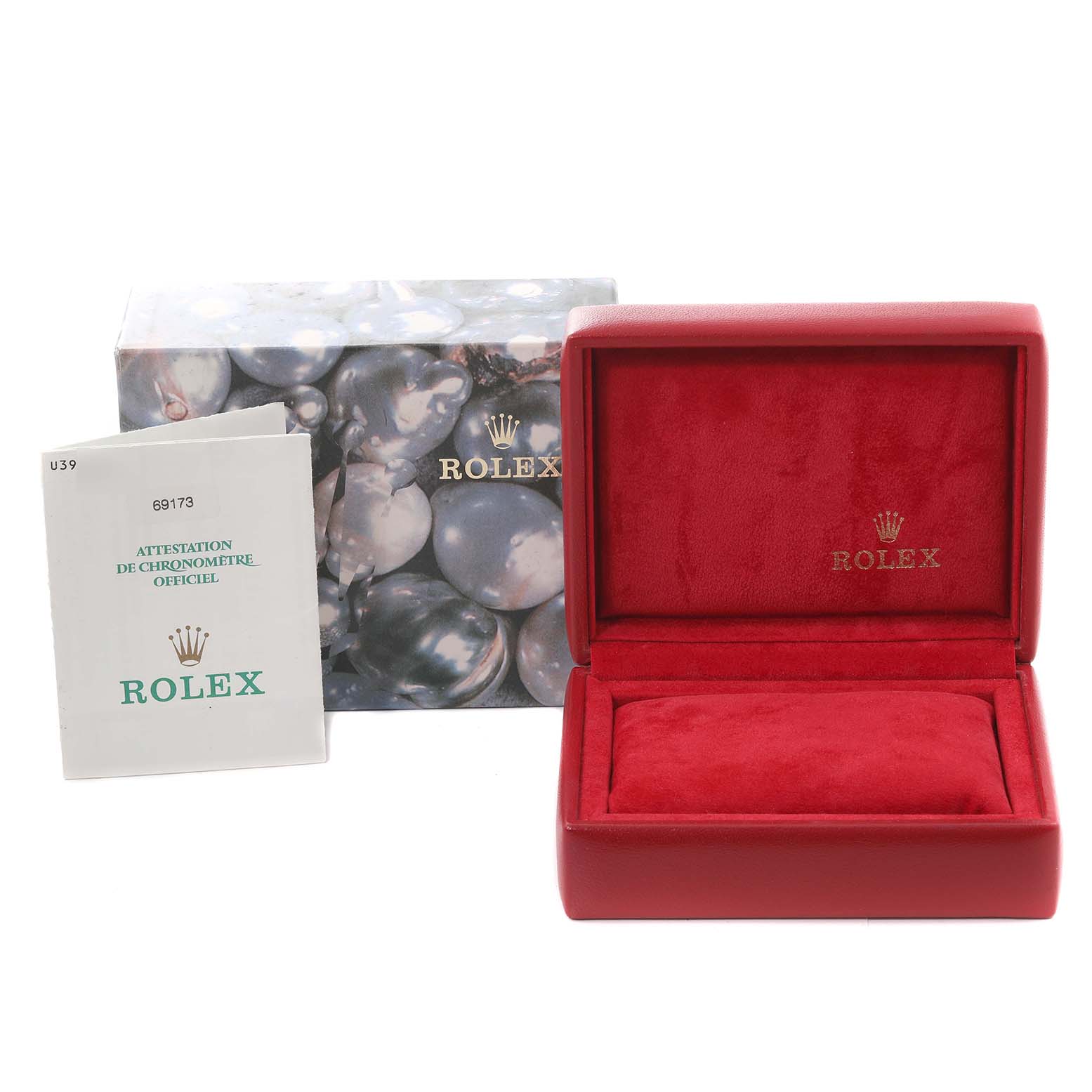 The image shows a Rolex Datejust 69173 Women's Steel and Gold (two tone) Champagne Dial 69173 Women's Steel and Gold (two tone) Champagne Dial watch box along with its outer packaging and documentation.