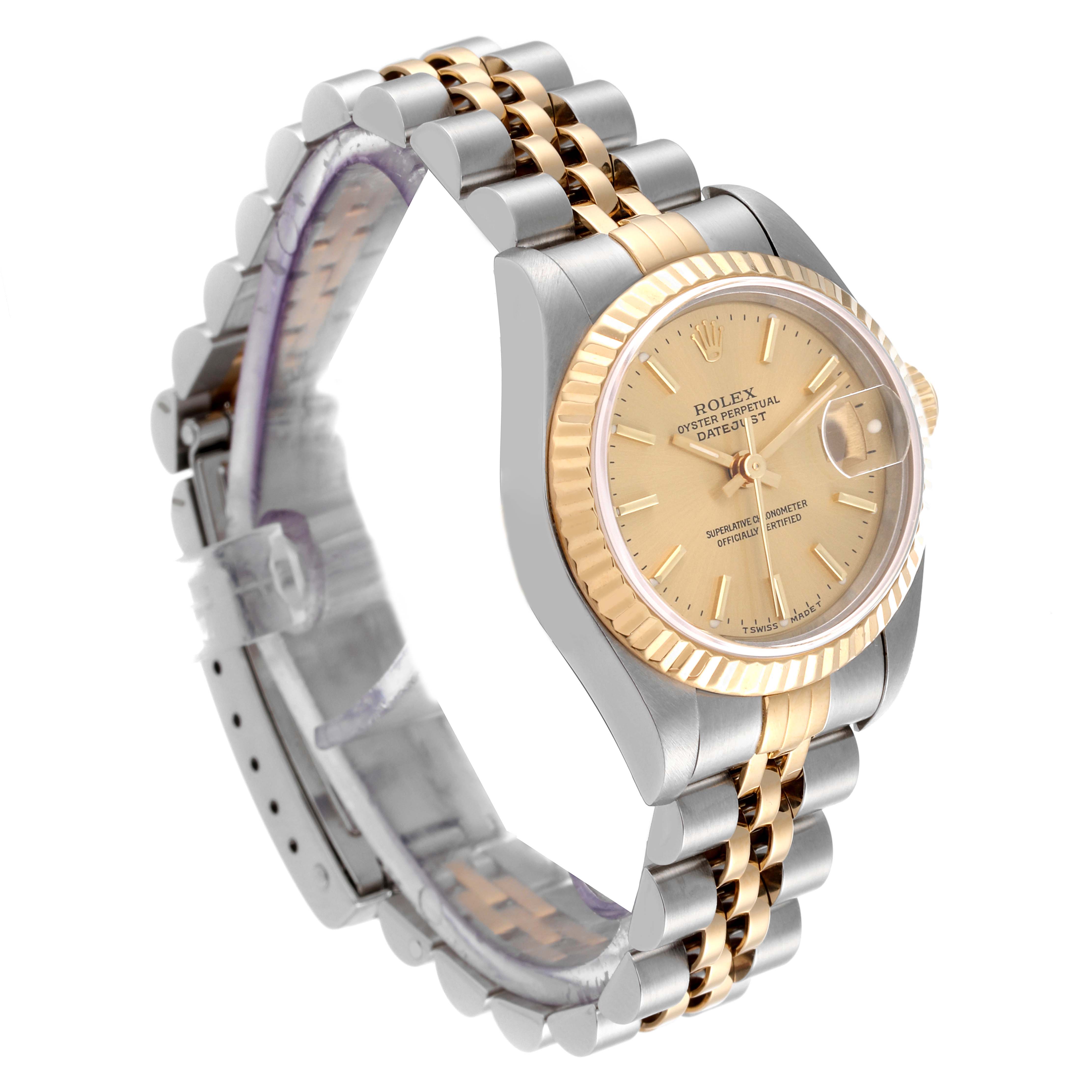 This image shows a Rolex Datejust 69173 Women's Steel and Gold (two tone) Champagne Dial 69173 Women's Steel and Gold (two tone) Champagne Dial watch captured at a three-quarter angle, highlighting the dial, bezel, and the Jubillee bracelet.
