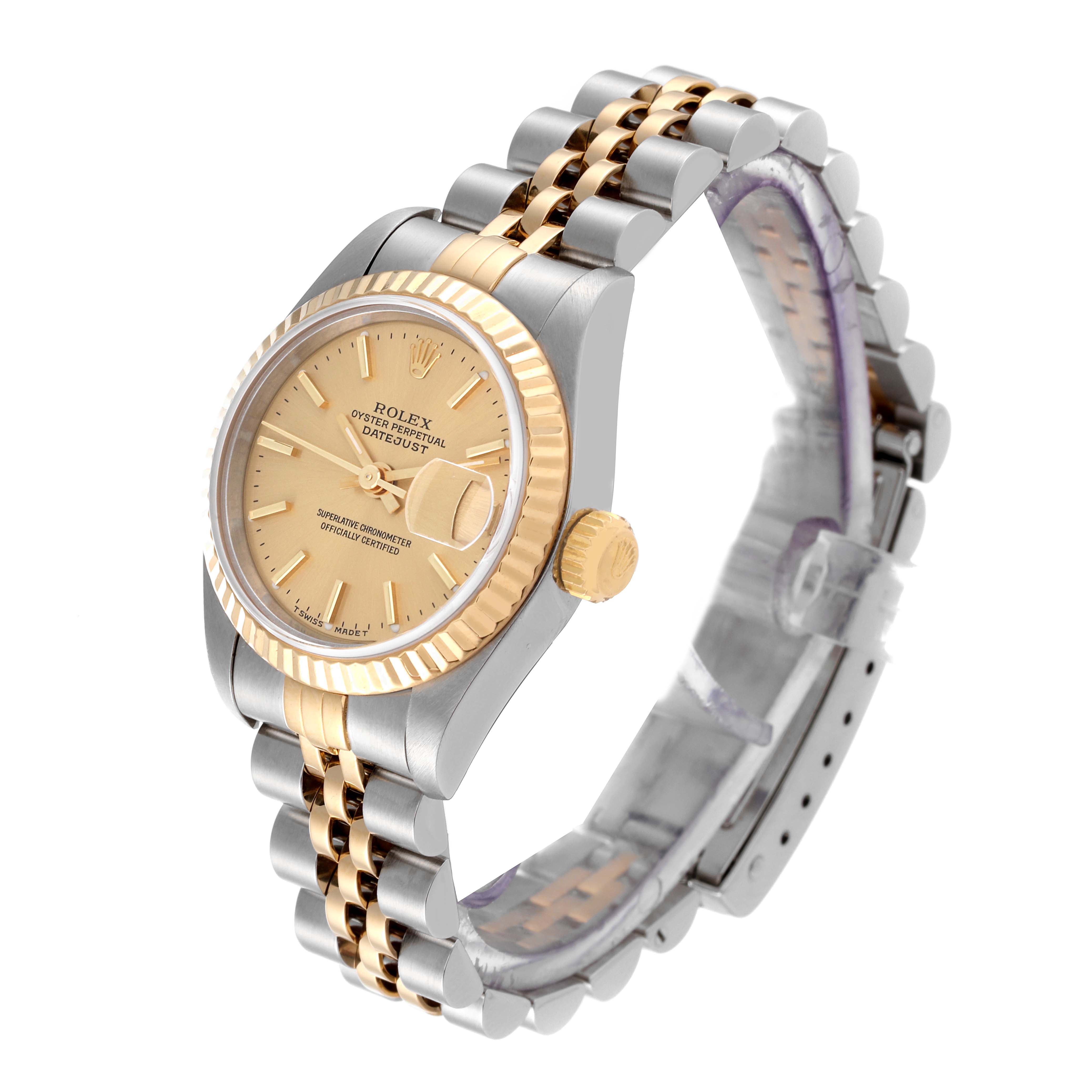The Rolex Datejust 69173 Women's Steel and Gold (two tone) Champagne Dial 69173 Women's Steel and Gold (two tone) Champagne Dial is shown at a slight angle from the front, highlighting its dial, bezel, crown, and two-tone bracelet.