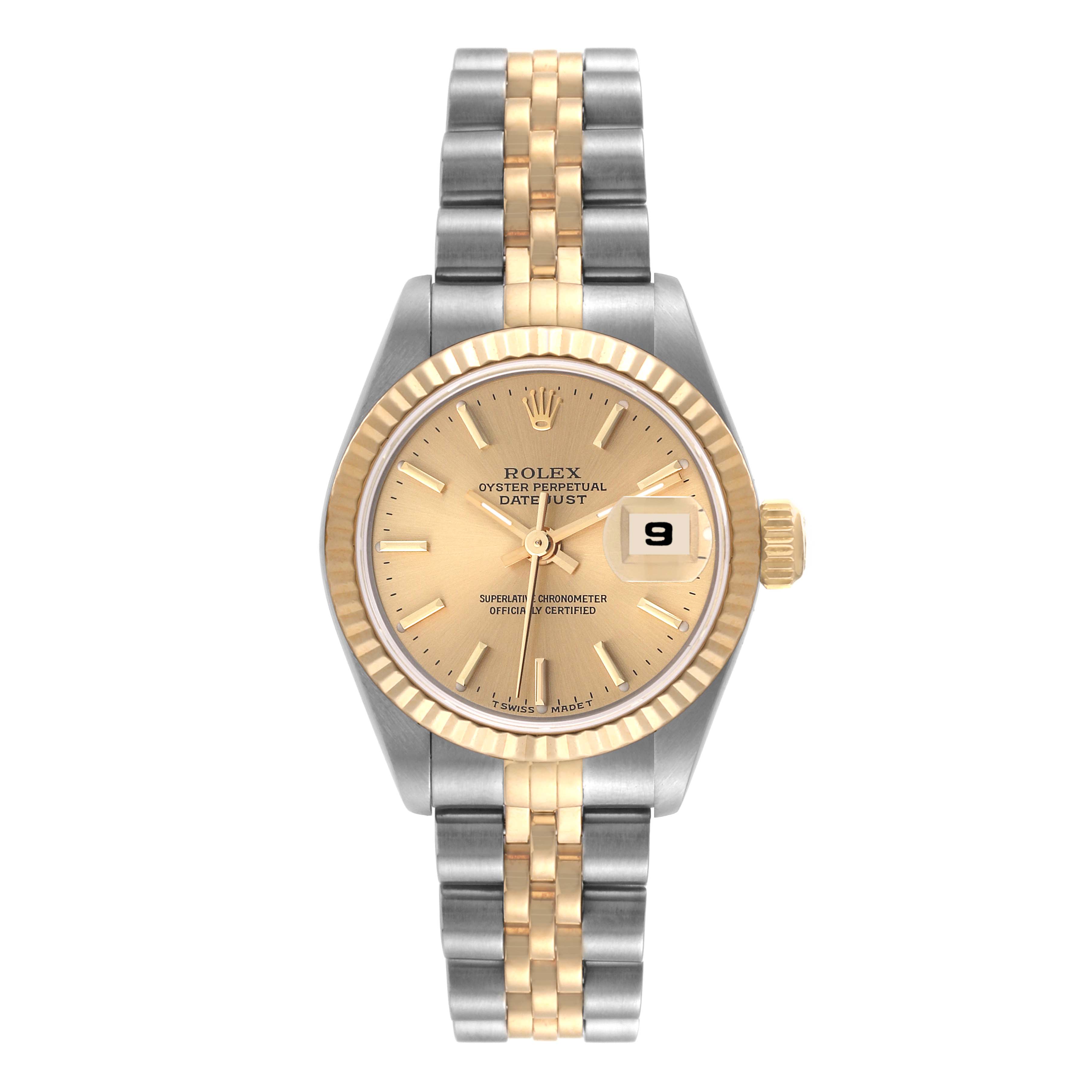 This image shows a Rolex Datejust 69173 Women's Steel and Gold (two tone) Champagne Dial 69173 Women's Steel and Gold (two tone) Champagne Dial watch from a front angle, featuring the dial, bezel, and bracelet.
