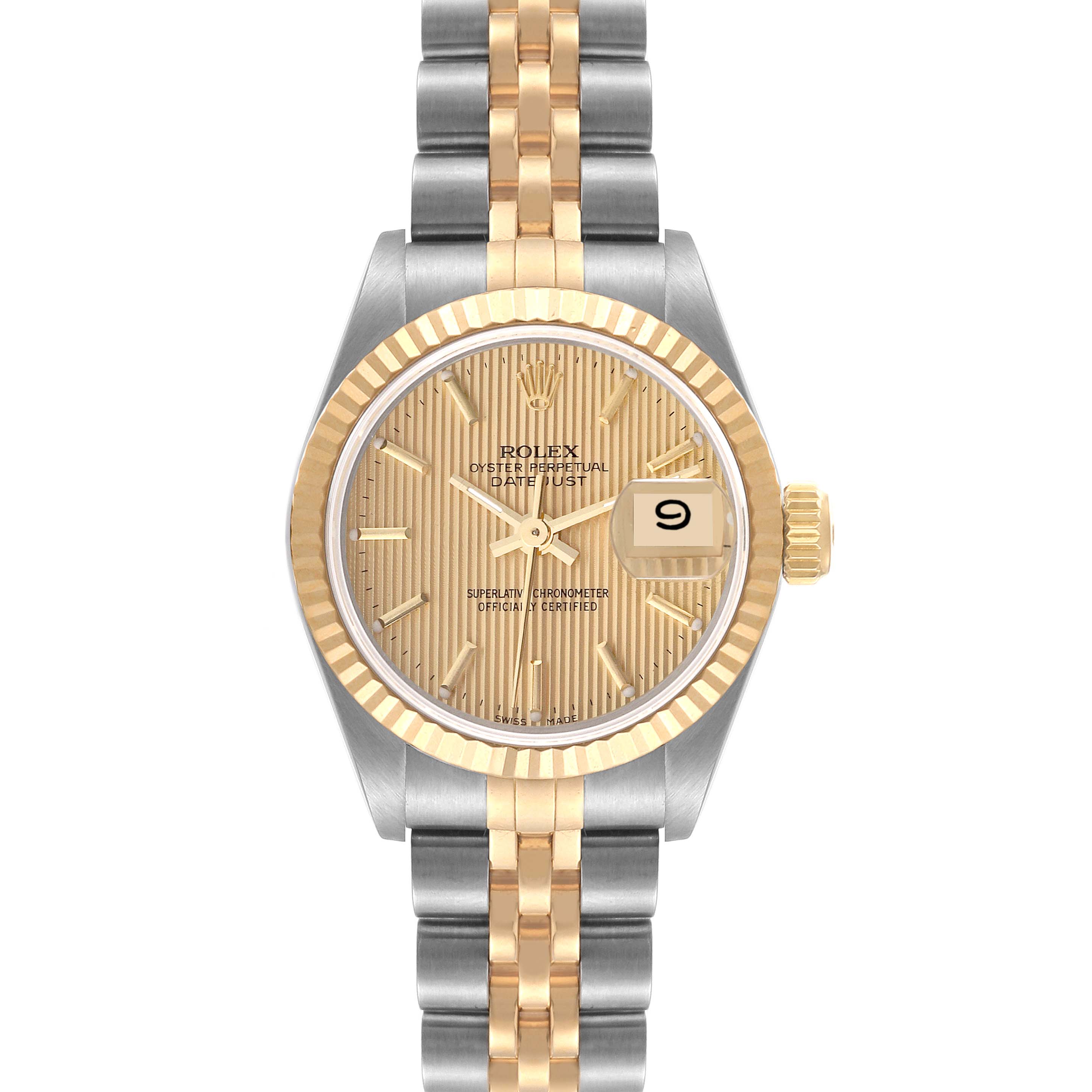 This image shows a Rolex Datejust 69173 Women's Steel and Gold (two tone) Champagne Dial 69173 Women's Steel and Gold (two tone) Champagne Dial watch from a front angle, highlighting its dial, bezel, bracelet, and crown.