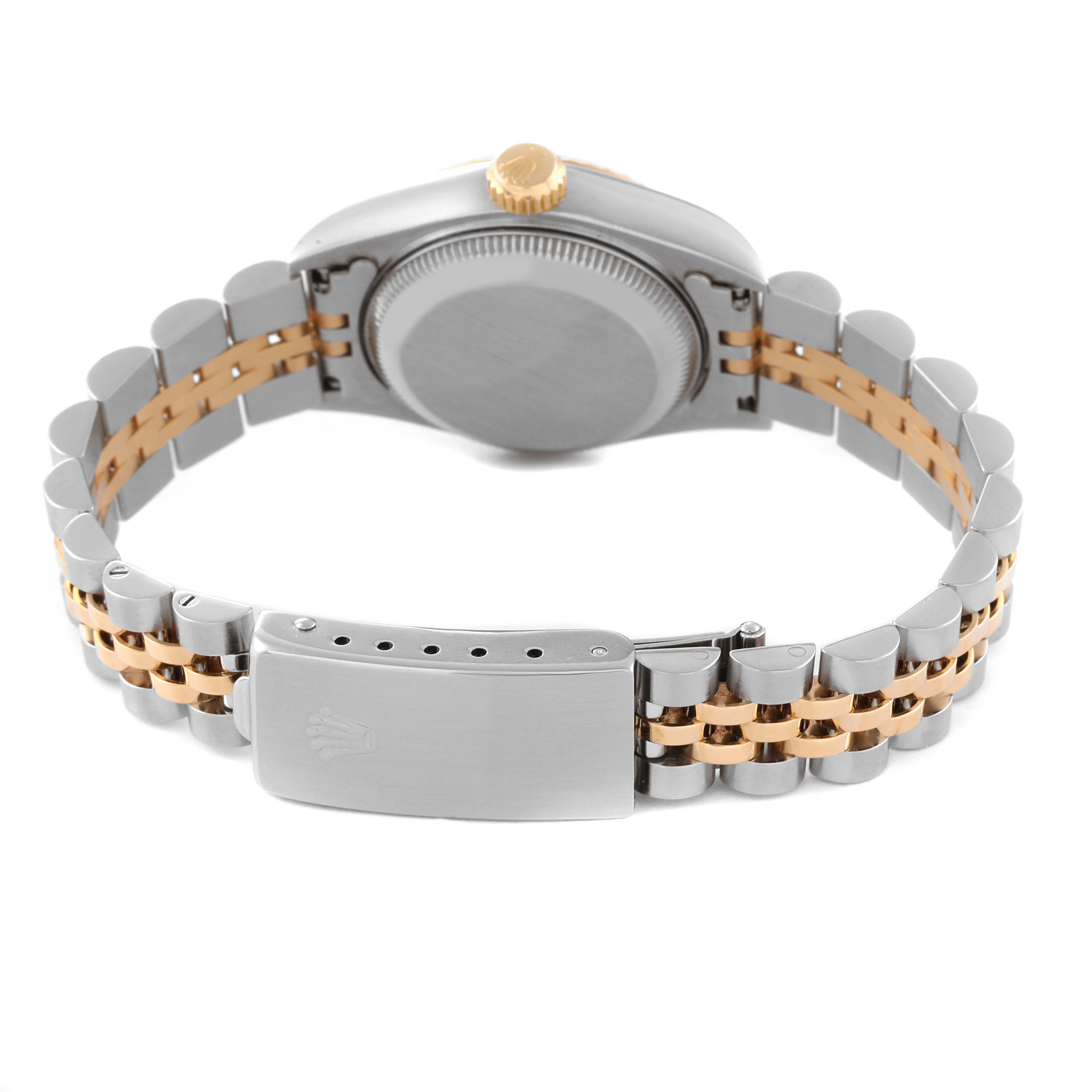 This image shows the back view of a Rolex Datejust 69173 Women's Steel and Gold (two tone) Champagne Dial 69173 Women's Steel and Gold (two tone) Champagne Dial watch, including the case, crown, and two-tone bracelet with clasp.