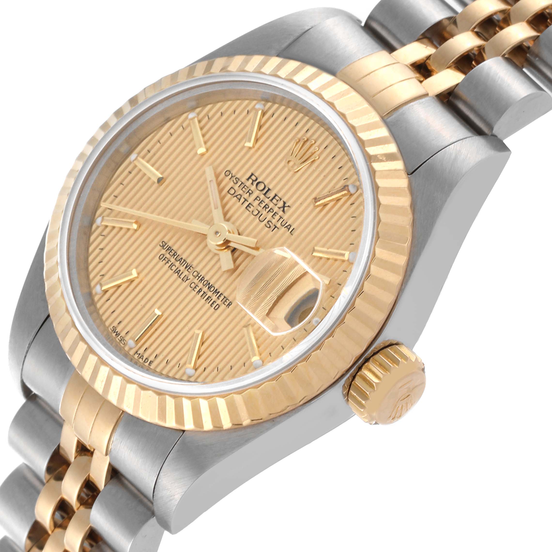 The Rolex Datejust 69173 Women's Steel and Gold (two tone) Champagne Dial 69173 Women's Steel and Gold (two tone) Champagne Dial watch is shown from a slightly tilted side angle, highlighting its face, bezel, crown, and bracelet.