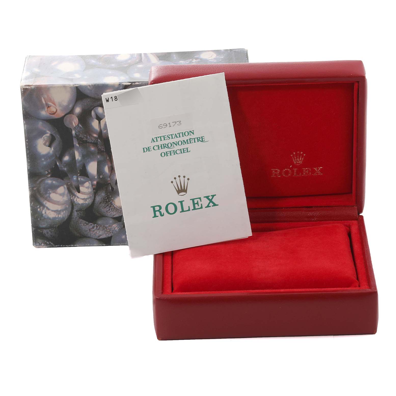 The image shows a red Rolex Datejust 69173 Women's Steel and Gold (two tone) Champagne Dial 69173 Women's Steel and Gold (two tone) Champagne Dial watch box and an official chronometer certification document.