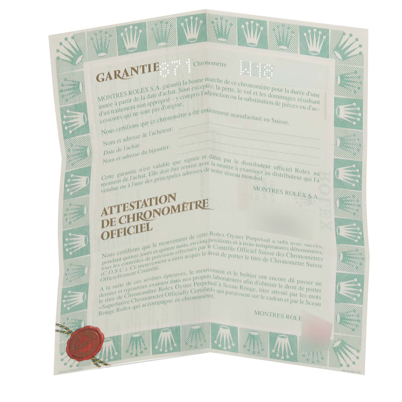 This image shows the official warranty and chronometer certification for a Rolex Datejust 69173 Women's Steel and Gold (two tone) Champagne Dial 69173 Women's Steel and Gold (two tone) Champagne Dial watch.