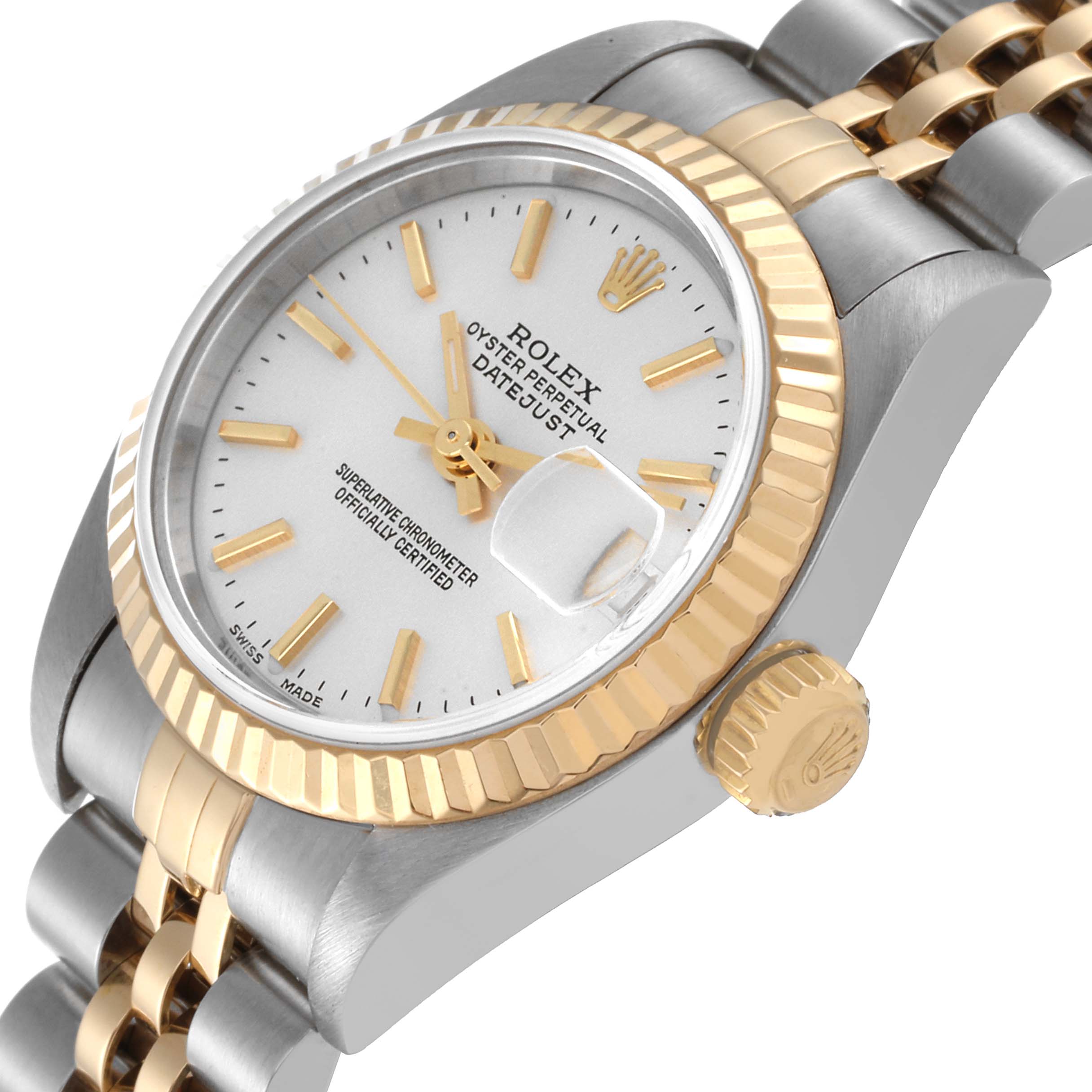 The image shows a close-up angled view of the Rolex Datejust 79173 Women's Steel and Gold (two tone) Silver Dial 79173 Women's Steel and Gold (two tone) Silver Dial watch, highlighting the dial, crown, and part of the bracelet.