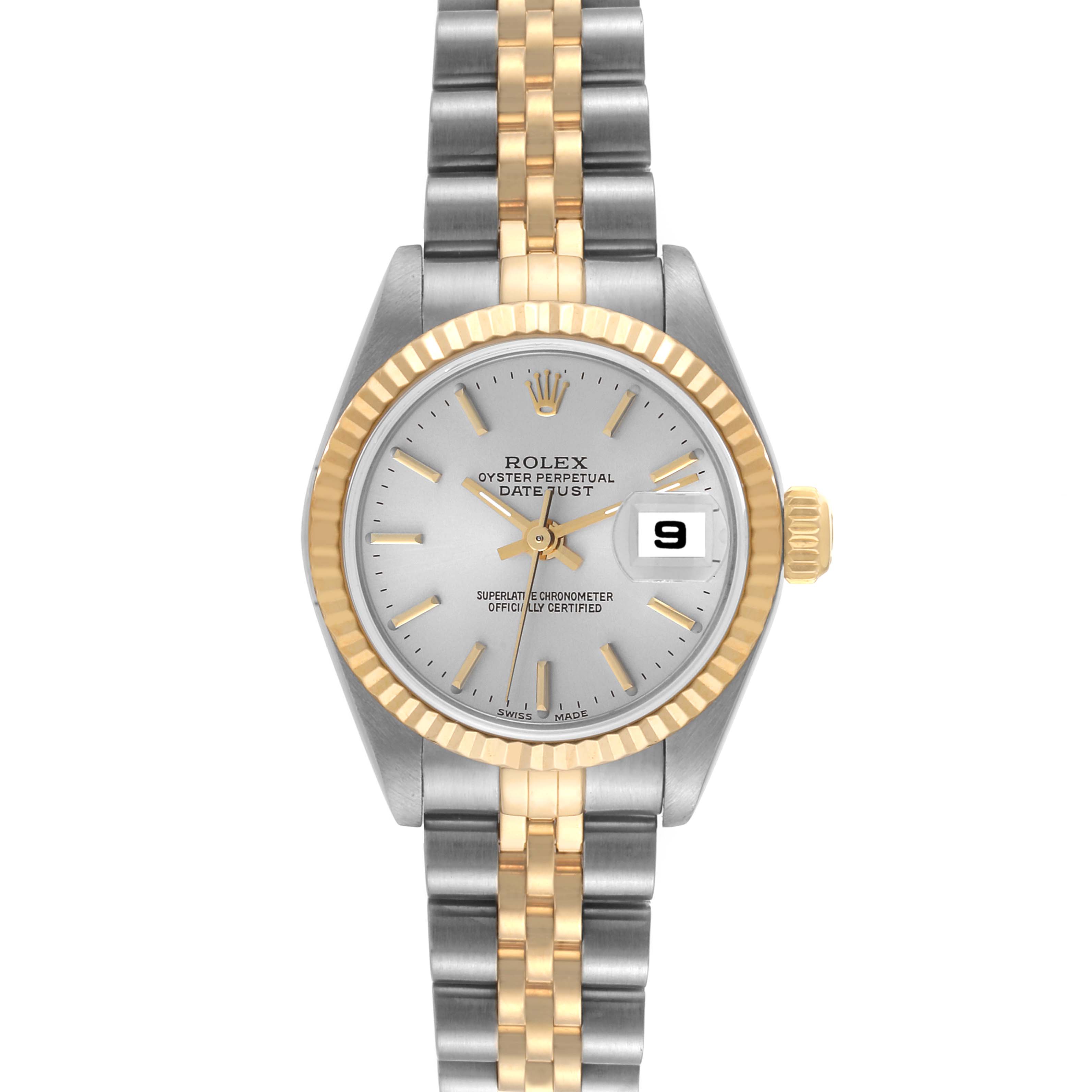 The image shows a frontal view of a Rolex Datejust 79173 Women's Steel and Gold (two tone) Silver Dial 79173 Women's Steel and Gold (two tone) Silver Dial watch, showcasing its dial, bezel, crown, and two-tone bracelet.