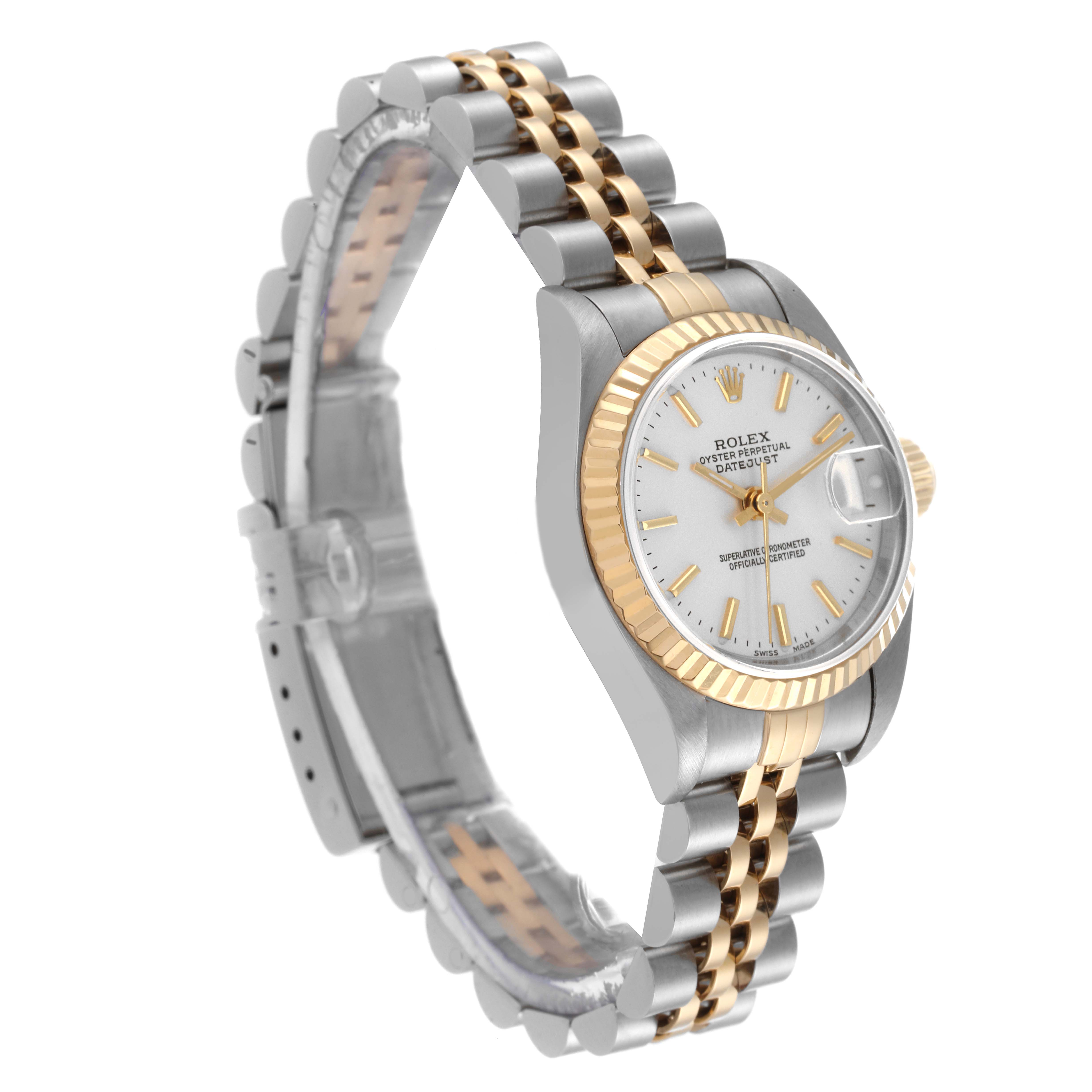 The image shows a side angle of a Rolex Datejust 79173 Women's Steel and Gold (two tone) Silver Dial 79173 Women's Steel and Gold (two tone) Silver Dial watch, highlighting its dial, bezel, case, and bracelet.