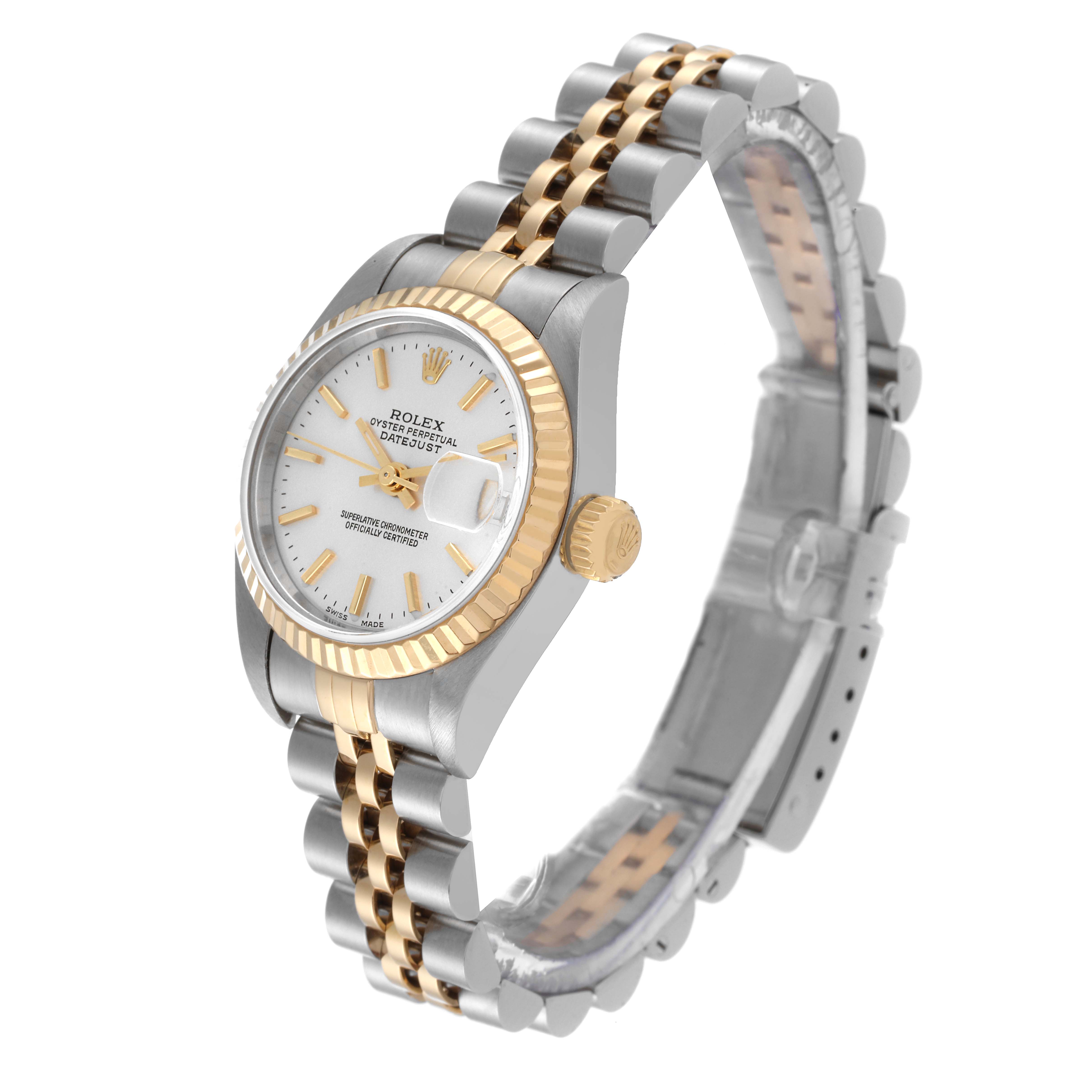 The Rolex Datejust 79173 Women's Steel and Gold (two tone) Silver Dial 79173 Women's Steel and Gold (two tone) Silver Dial watch is shown at an angled side view, highlighting the dial, bezel, crown, and two-tone metal bracelet.