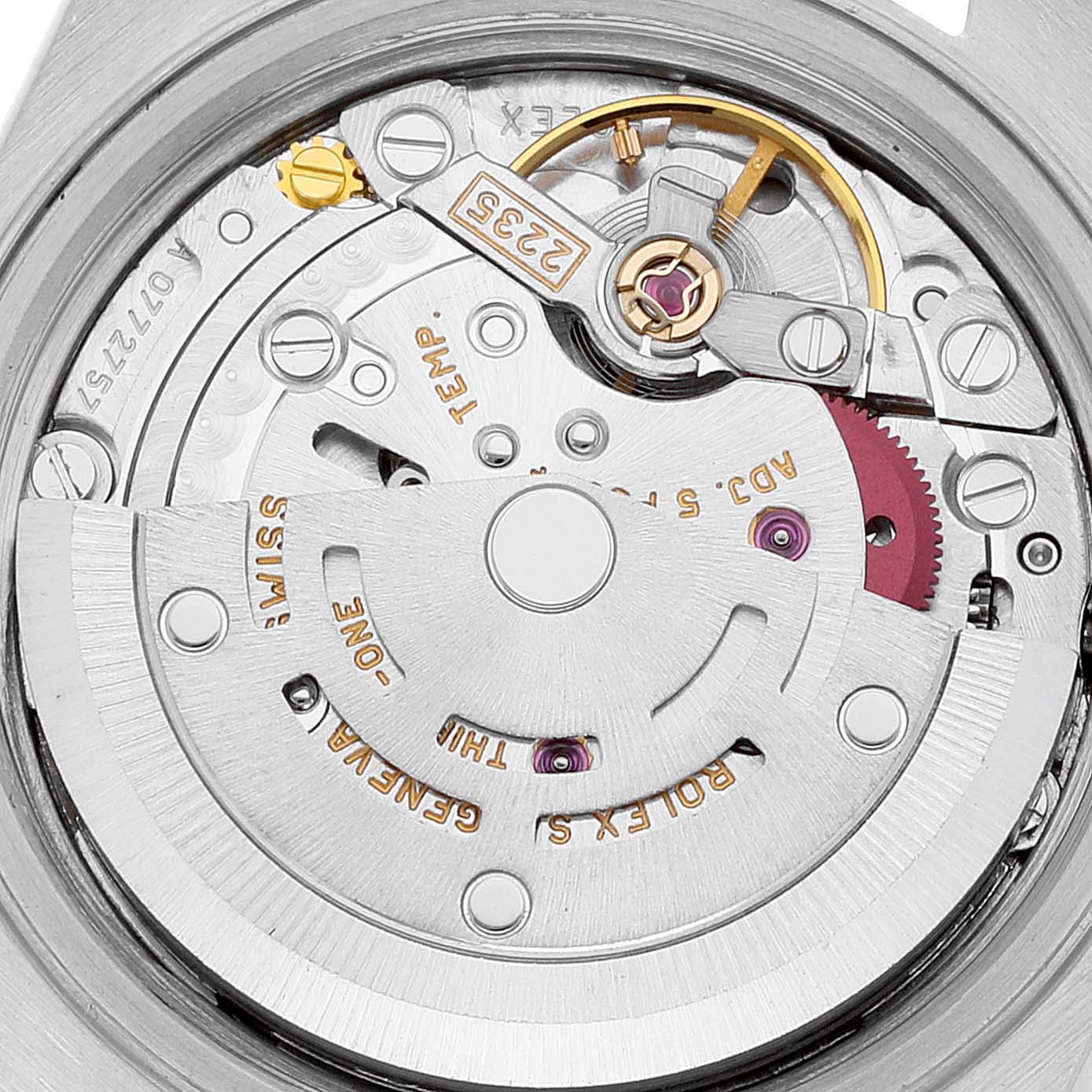 This image shows a close-up, top-down view of the mechanical movement inside a Rolex Datejust 79173 Women's Steel and Gold (two tone) Silver Dial 79173 Women's Steel and Gold (two tone) Silver Dial watch.