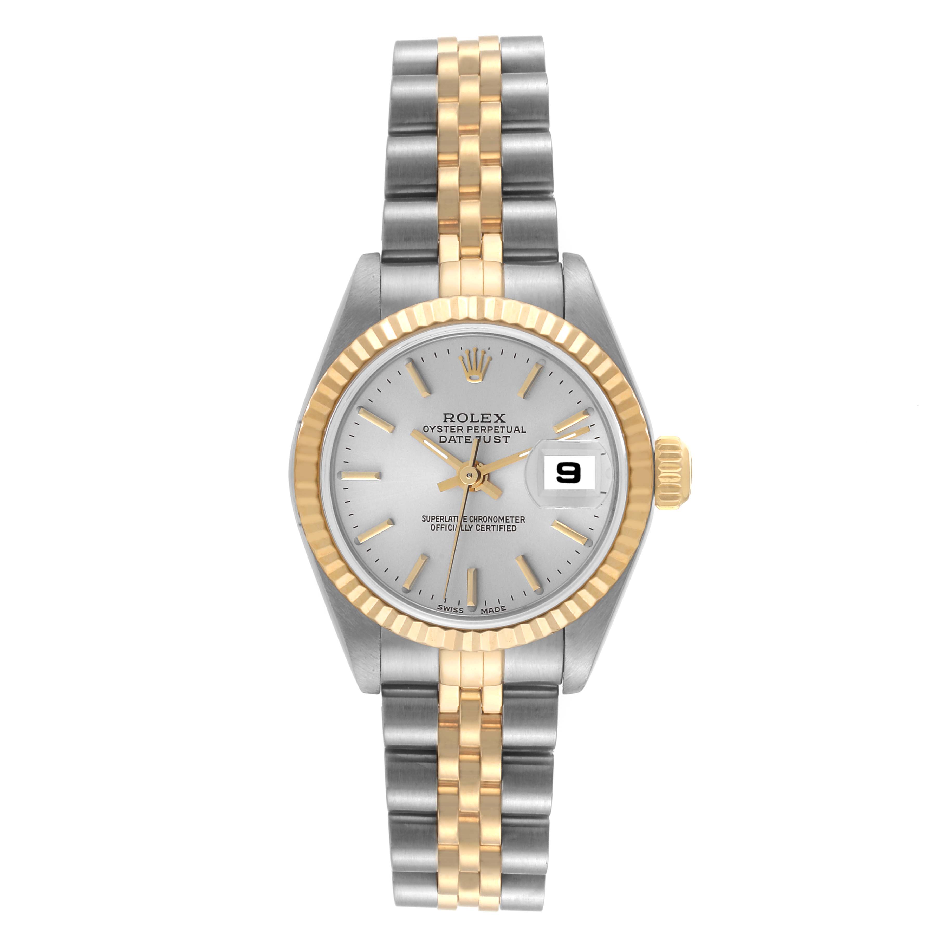 The Rolex Datejust 79173 Women's Steel and Gold (two tone) Silver Dial 79173 Women's Steel and Gold (two tone) Silver Dial watch is shown from a top-down angle, displaying the full face, bracelet, and bezel.