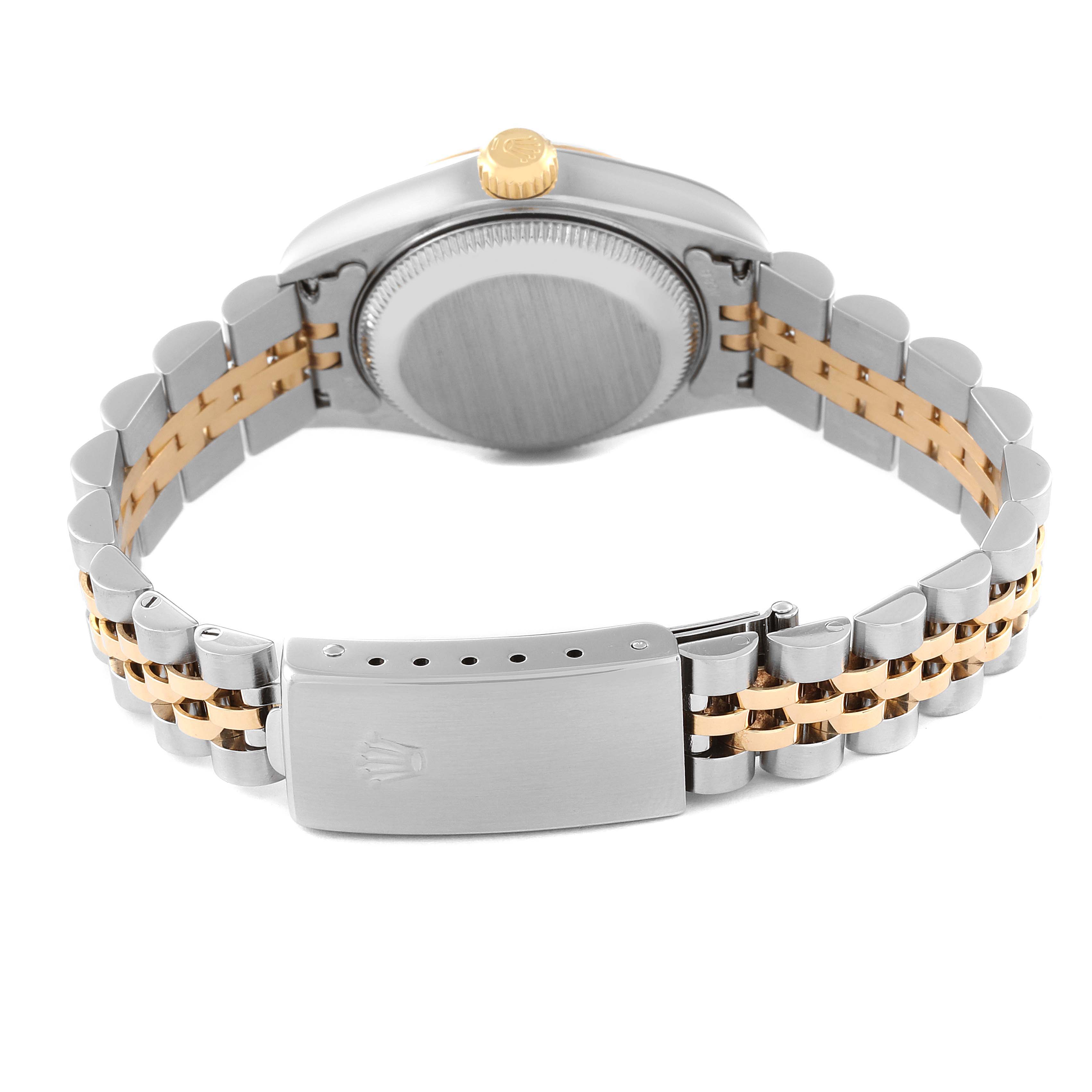 This image shows the back view of the Rolex Datejust 79173 Women's Steel and Gold (two tone) Silver Dial 79173 Women's Steel and Gold (two tone) Silver Dial watch, highlighting the clasp, bracelet, and case back.