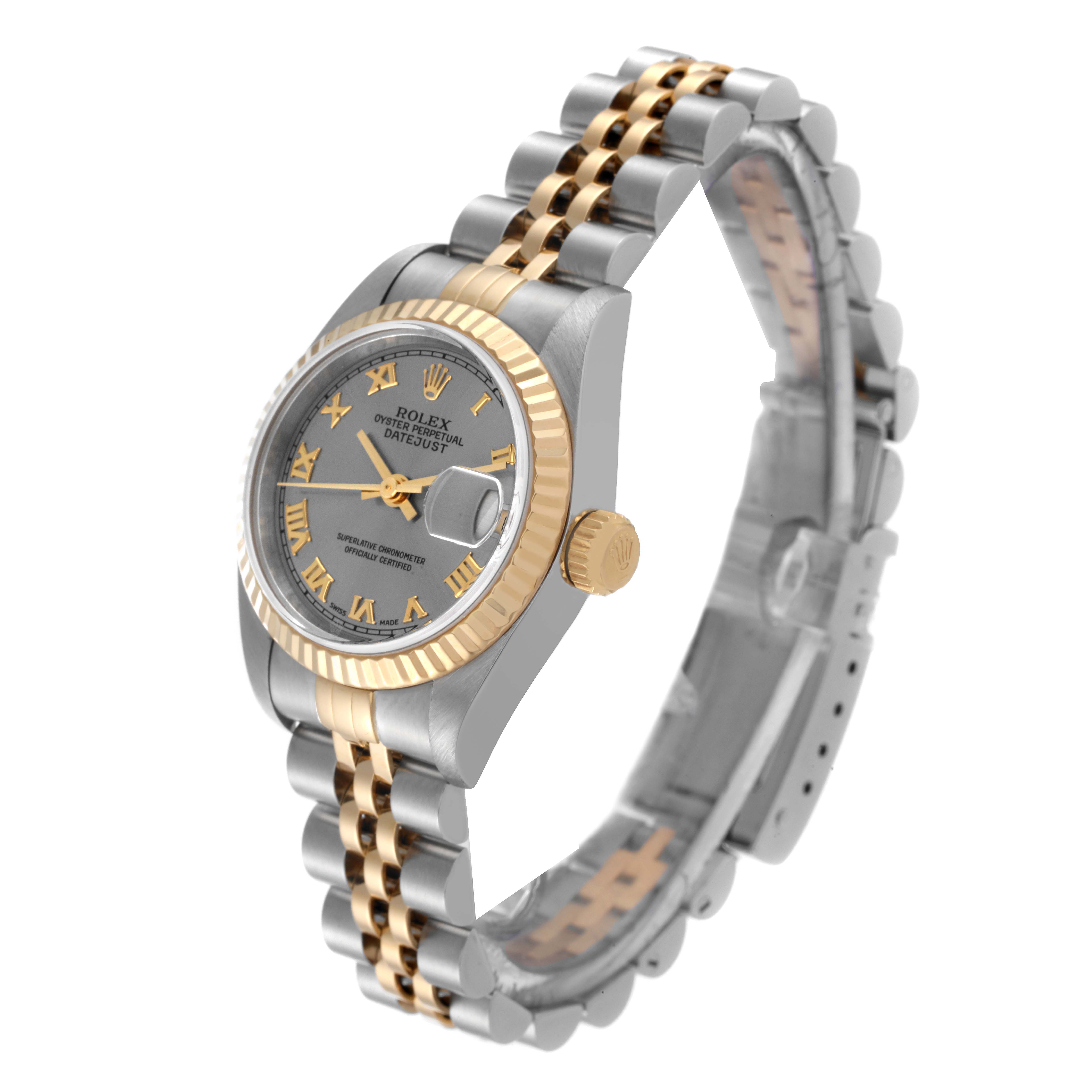 This image shows a side-angle view of a Rolex Datejust 79173 Women's Steel and Gold (two tone) Grey Dial 79173 Women's Steel and Gold (two tone) Grey Dial watch featuring a two-tone bracelet and a fluted bezel.