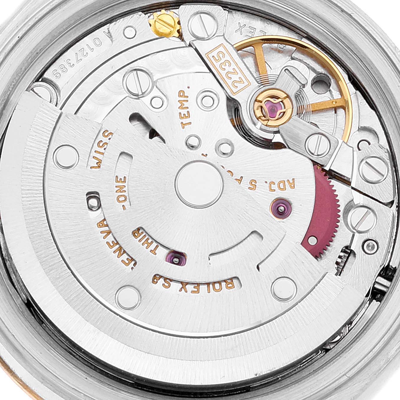 This image shows a close-up view of the movement mechanism of a Rolex Datejust 79173 Women's Steel and Gold (two tone) Grey Dial 79173 Women's Steel and Gold (two tone) Grey Dial watch.