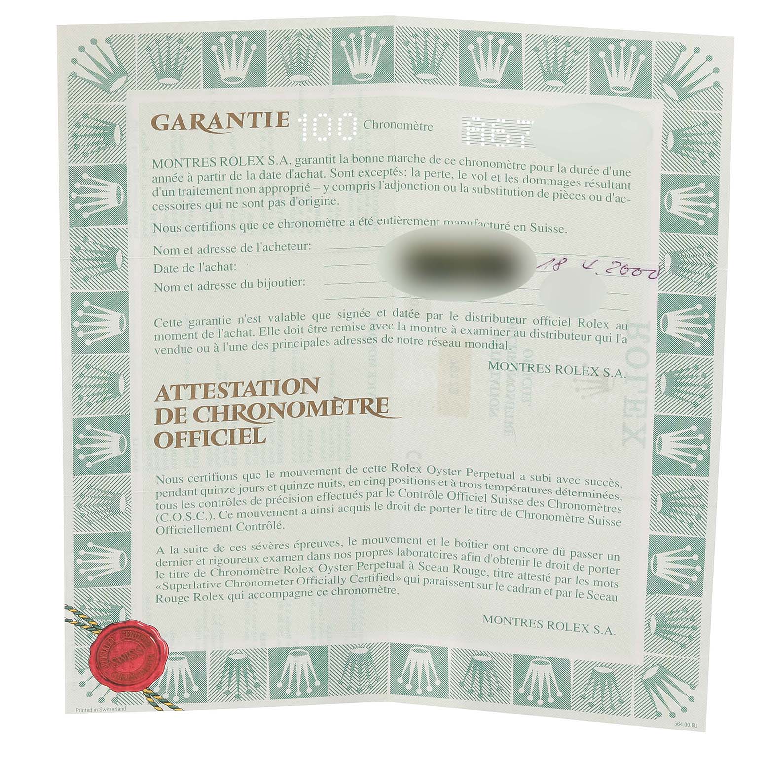 The image shows the official chronometer certificate and warranty for a Rolex Datejust 79173 Women's Steel and Gold (two tone) Grey Dial 79173 Women's Steel and Gold (two tone) Grey Dial watch.