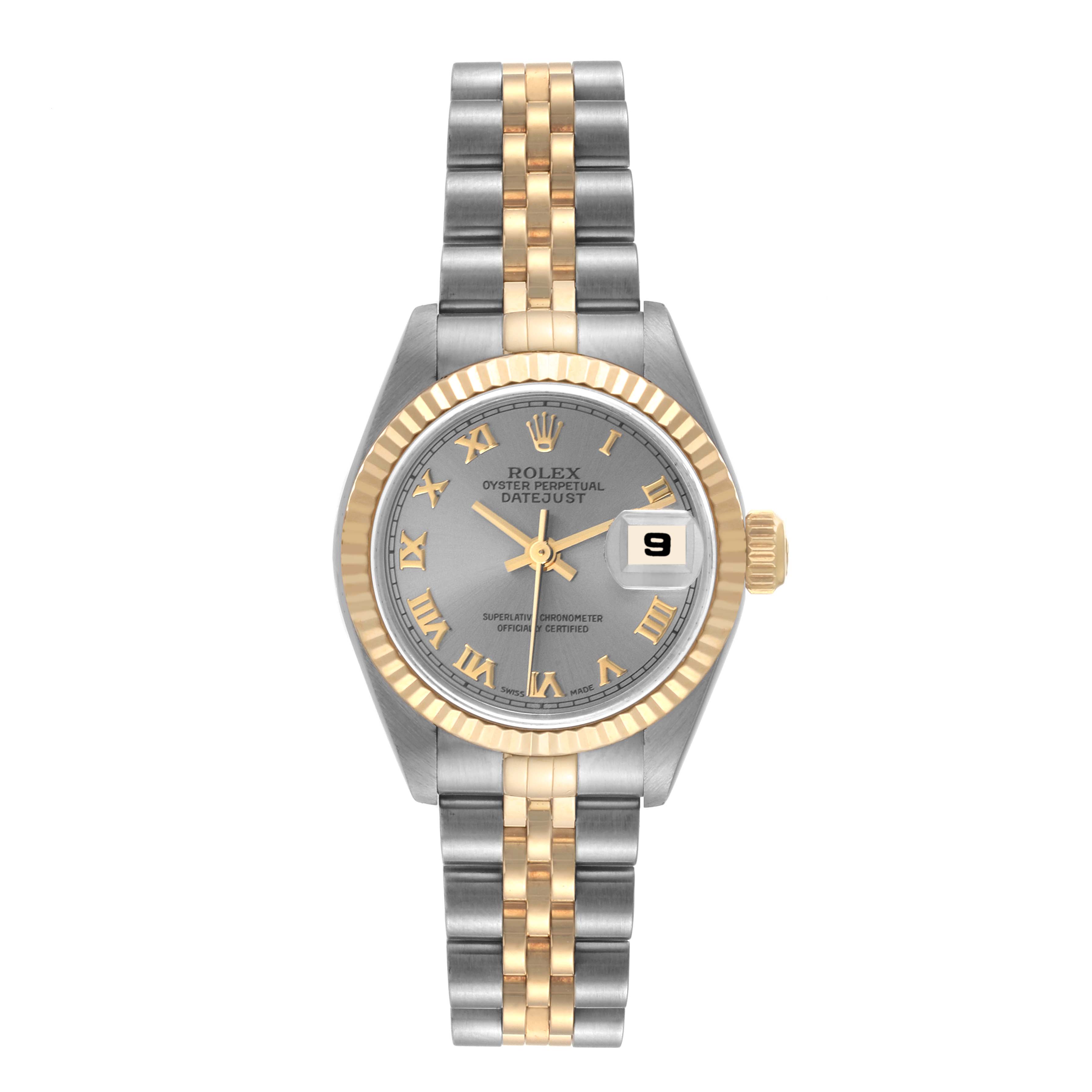 This image shows a front view of a Rolex Datejust 79173 Women's Steel and Gold (two tone) Grey Dial 79173 Women's Steel and Gold (two tone) Grey Dial watch, featuring a two-tone Jubilee bracelet and a fluted bezel.