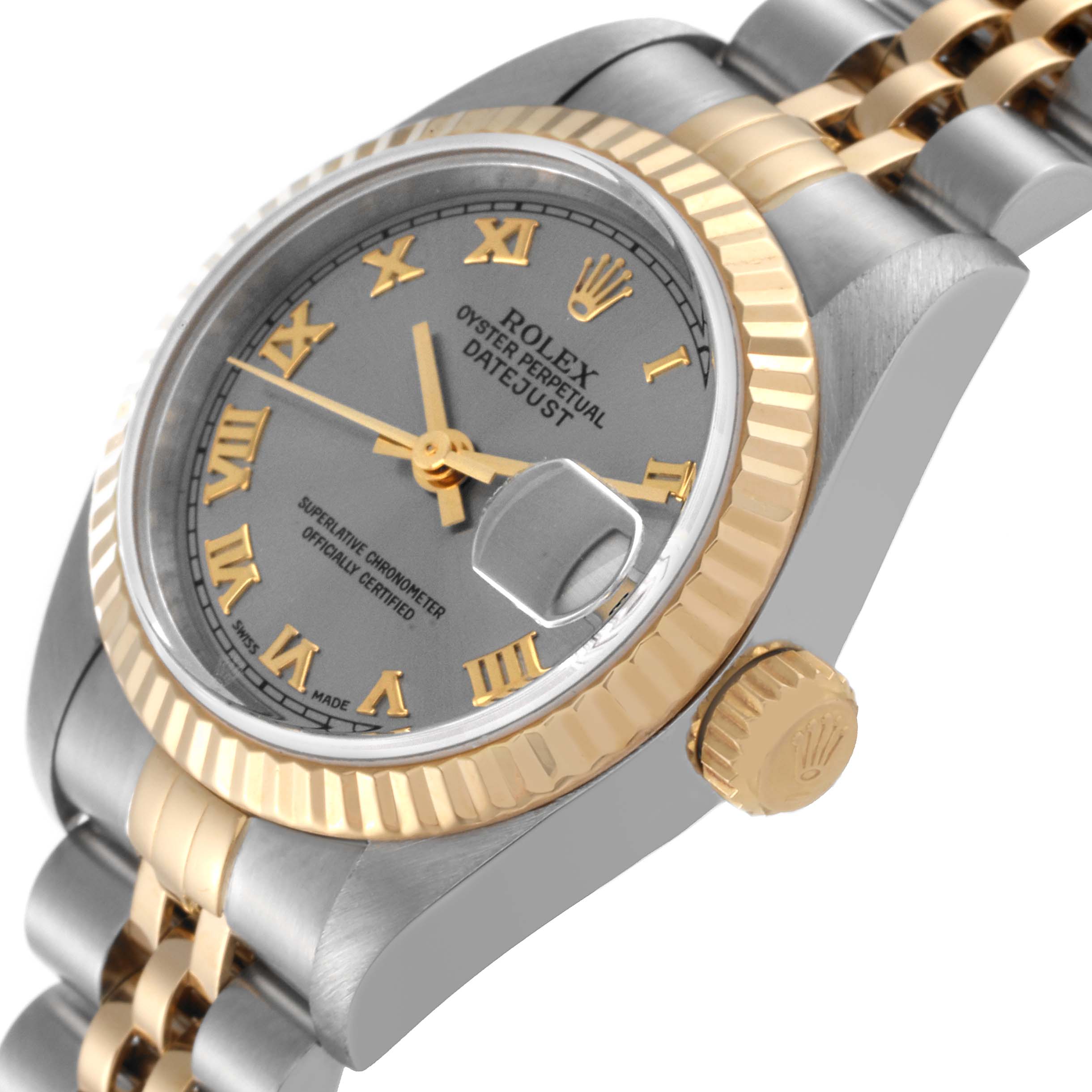 This image shows a close-up angle of the Rolex Datejust 79173 Women's Steel and Gold (two tone) Grey Dial 79173 Women's Steel and Gold (two tone) Grey Dial watch, highlighting its dial, bezel, crown, and part of the bracelet.