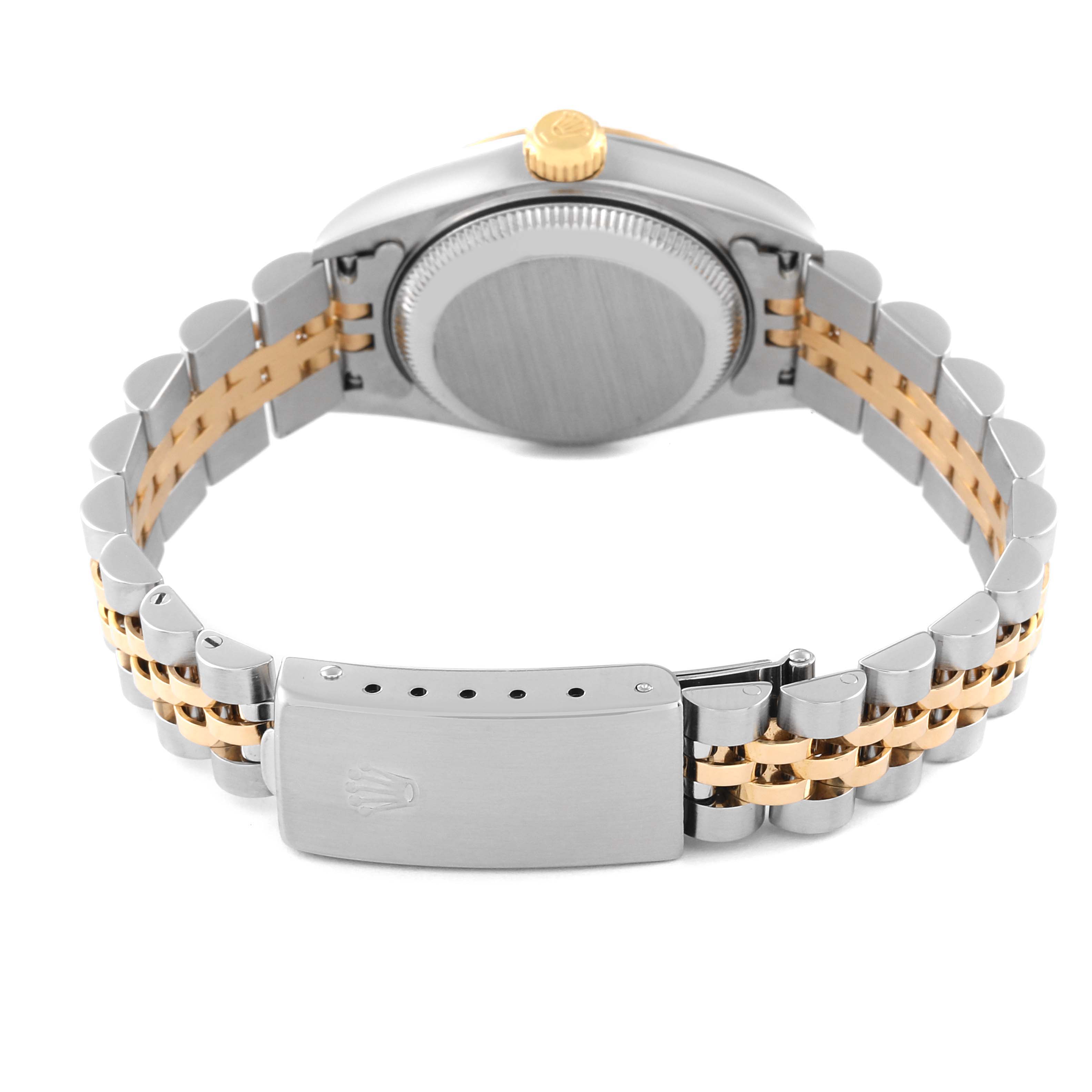 The image shows the back view of a Rolex Datejust 79173 Women's Steel and Gold (two tone) Grey Dial 79173 Women's Steel and Gold (two tone) Grey Dial watch, specifically focusing on the case back, bracelet, and clasp.