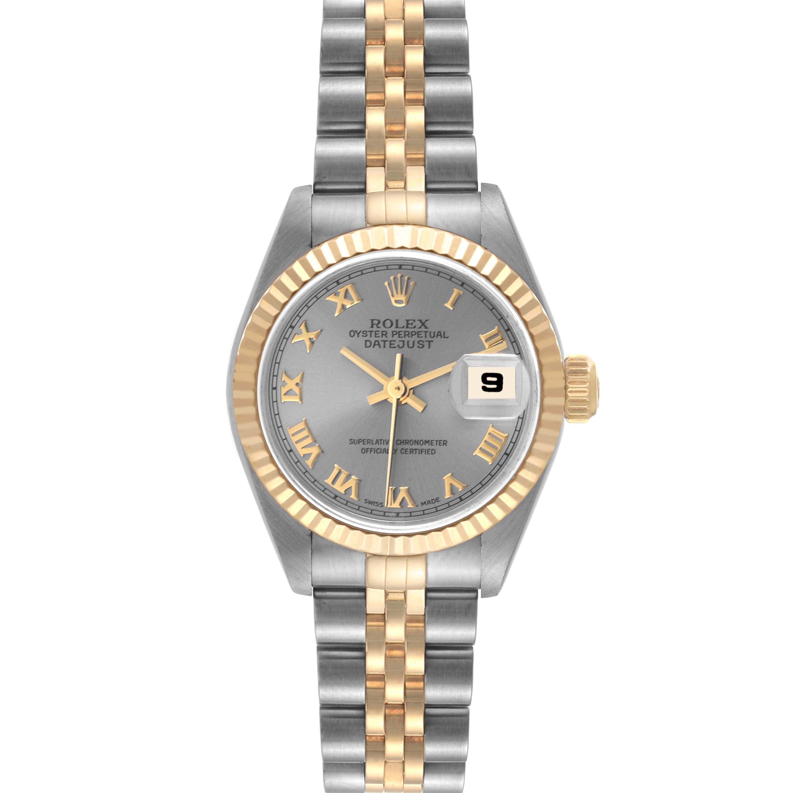 This is a front view of a Rolex Datejust 79173 Women's Steel and Gold (two tone) Grey Dial 79173 Women's Steel and Gold (two tone) Grey Dial watch, showing the dial, bezel, bracelet, and date window.