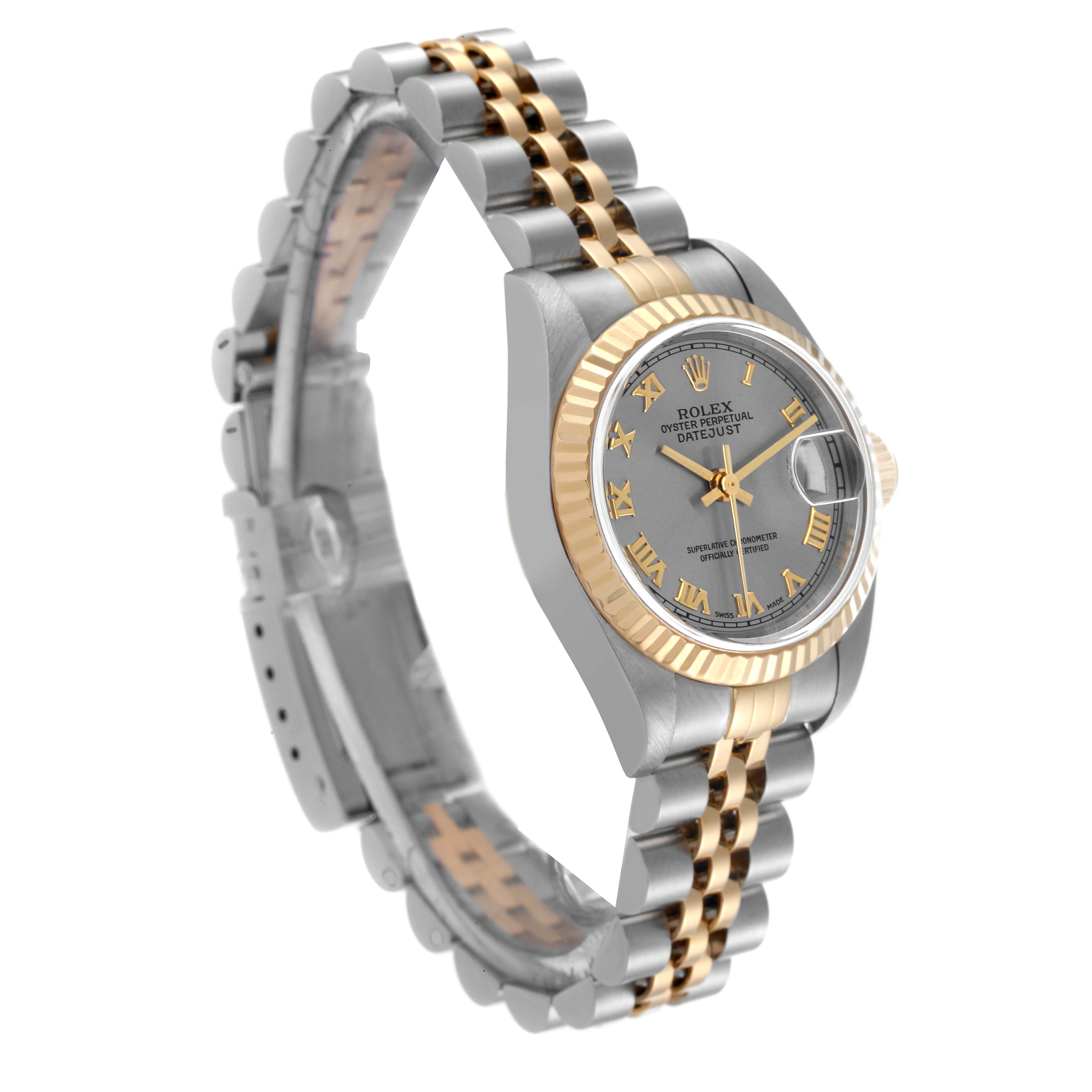 This image shows a Rolex Datejust 79173 Women's Steel and Gold (two tone) Grey Dial 79173 Women's Steel and Gold (two tone) Grey Dial watch at a three-quarter angle, highlighting its silver and gold bracelet and grey dial.