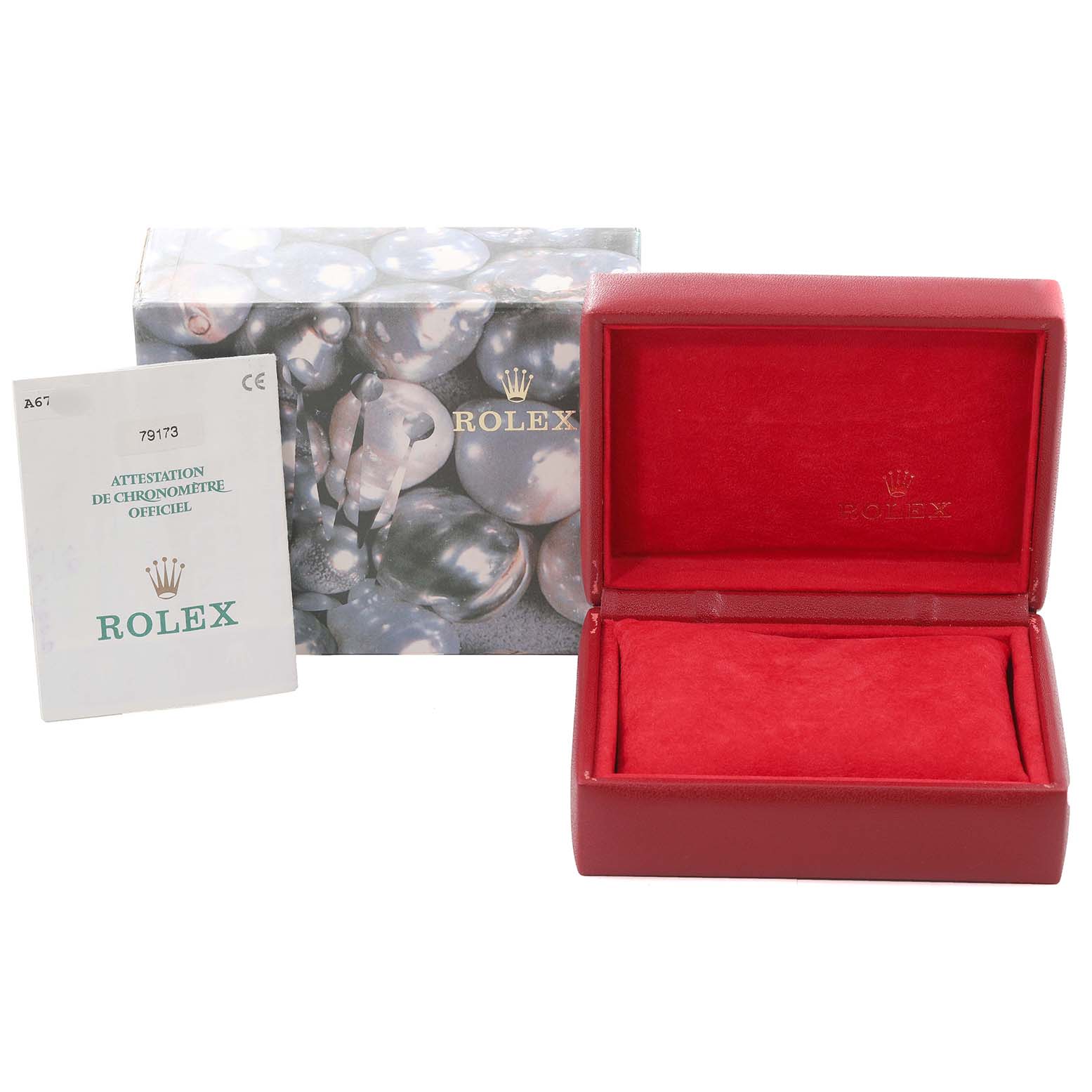 The image shows a red Rolex Datejust 79173 Women's Steel and Gold (two tone) Grey Dial 79173 Women's Steel and Gold (two tone) Grey Dial watch box, an outer box, and an official Rolex chronometer certification booklet.