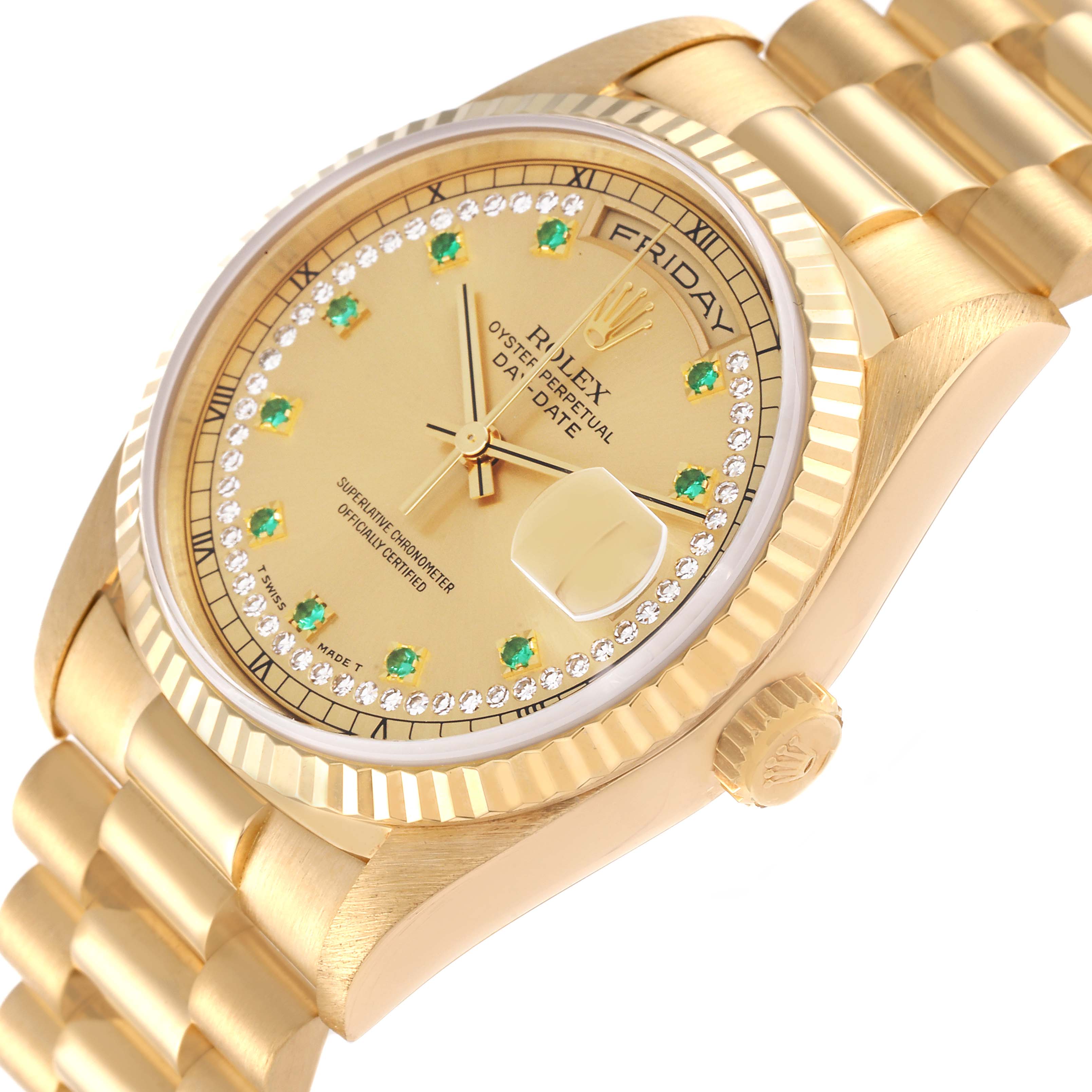 The image shows a side angle view of the Rolex President 18238 Men
s Yellow Gold Champagne Dial 18238 Men
s Yellow Gold Champagne Dial model, displaying the watch face, crown, and part of the bracelet.