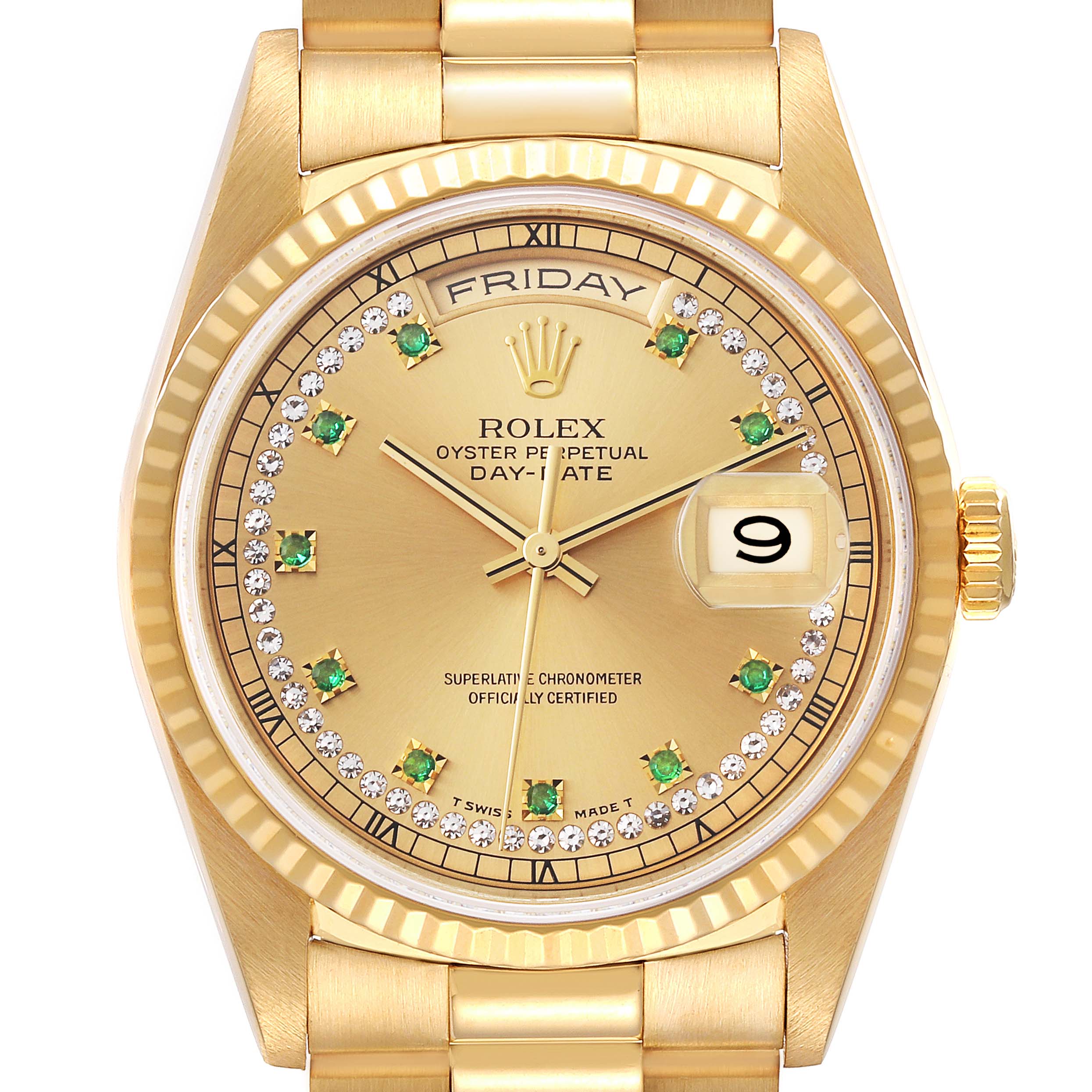 The image shows a frontal view of a Rolex President 18238 Men
s Yellow Gold Champagne Dial 18238 Men
s Yellow Gold Champagne Dial Day-Date watch, highlighting its dial, bracelet, and crown.