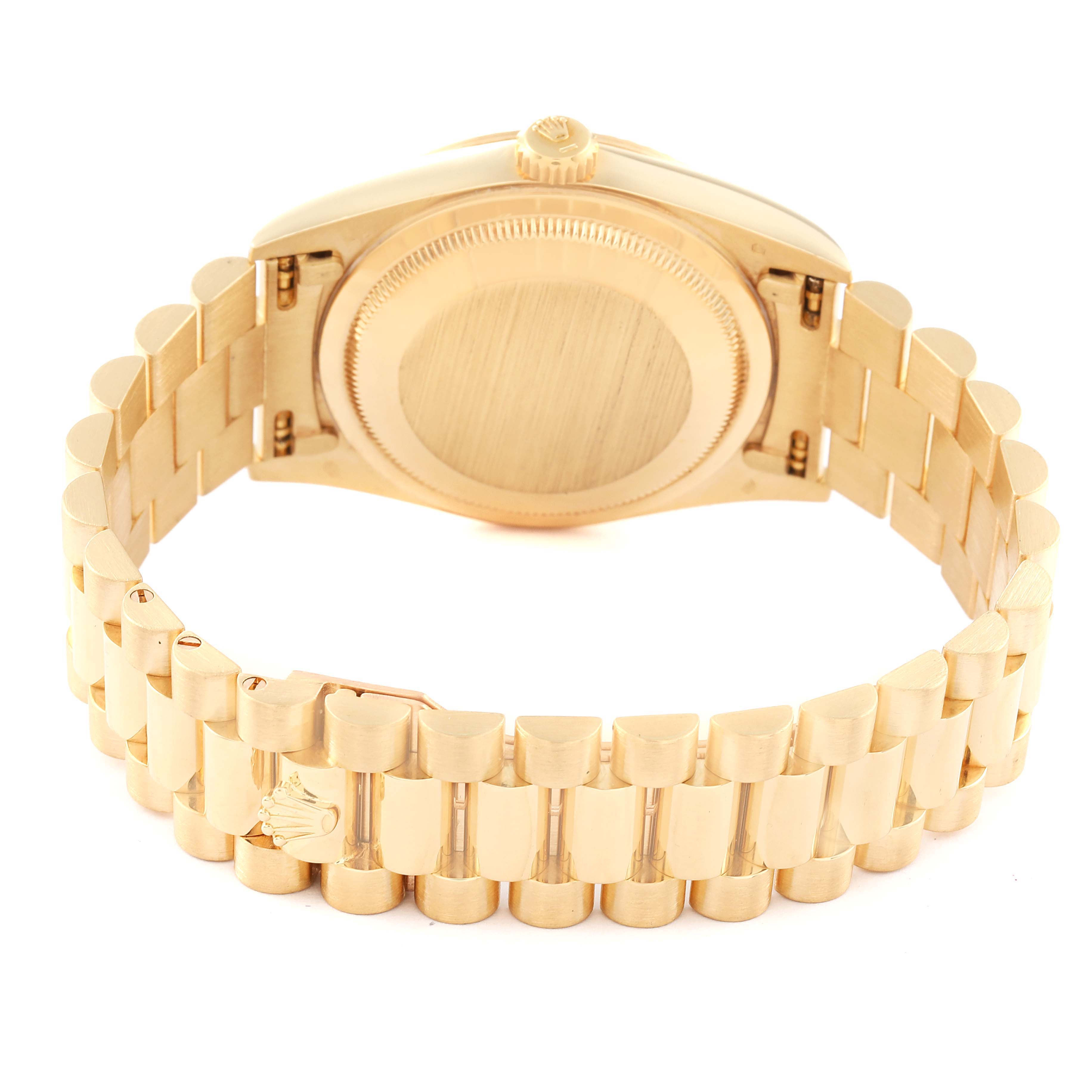 The image shows the back case and bracelet of a Rolex President 18238 Men
s Yellow Gold Champagne Dial 18238 Men
s Yellow Gold Champagne Dial model watch from a rear angle.