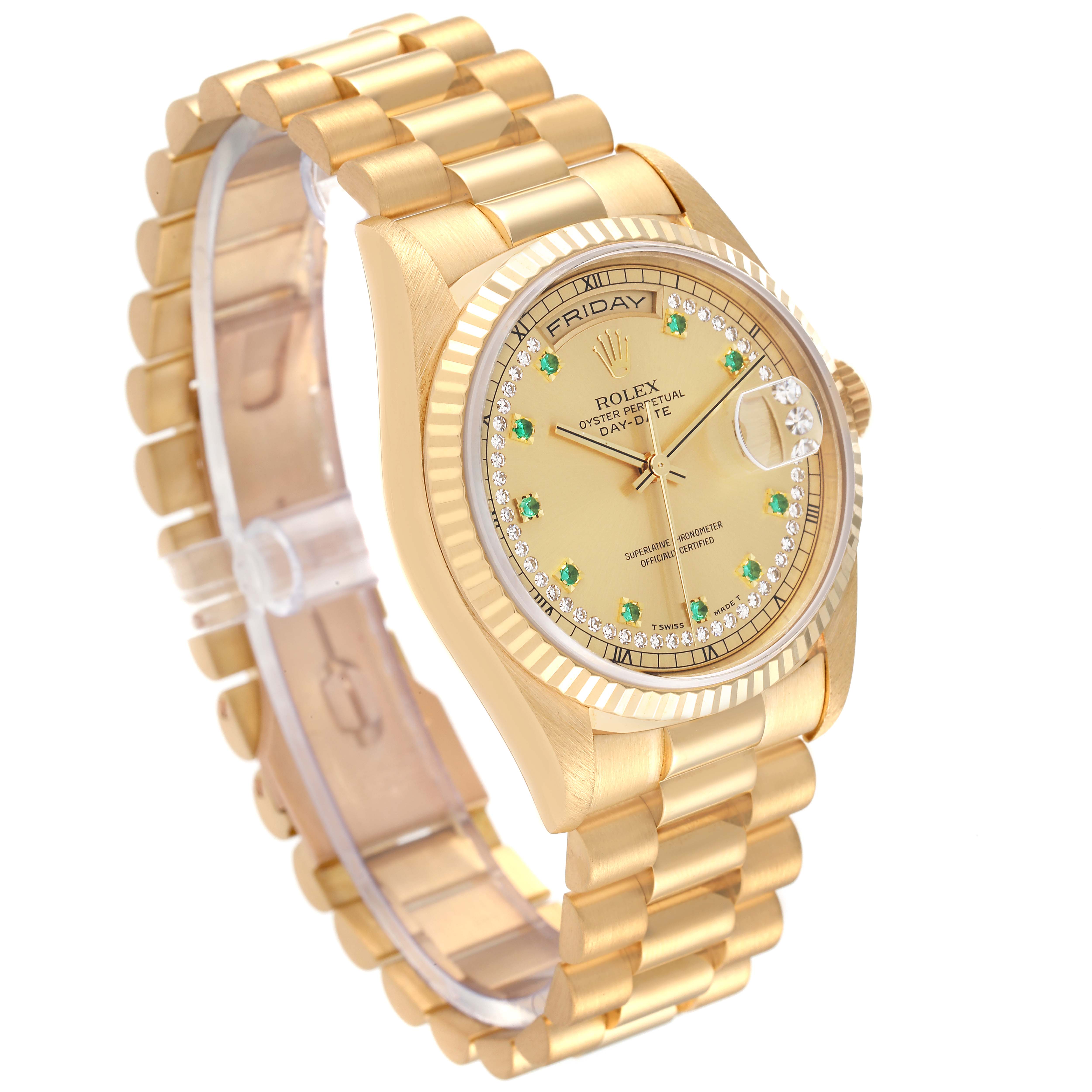 This image shows a Rolex President 18238 Men
s Yellow Gold Champagne Dial 18238 Men
s Yellow Gold Champagne Dial model watch at a 3/4 angle, highlighting its gold bracelet, fluted bezel, and diamond-set dial.