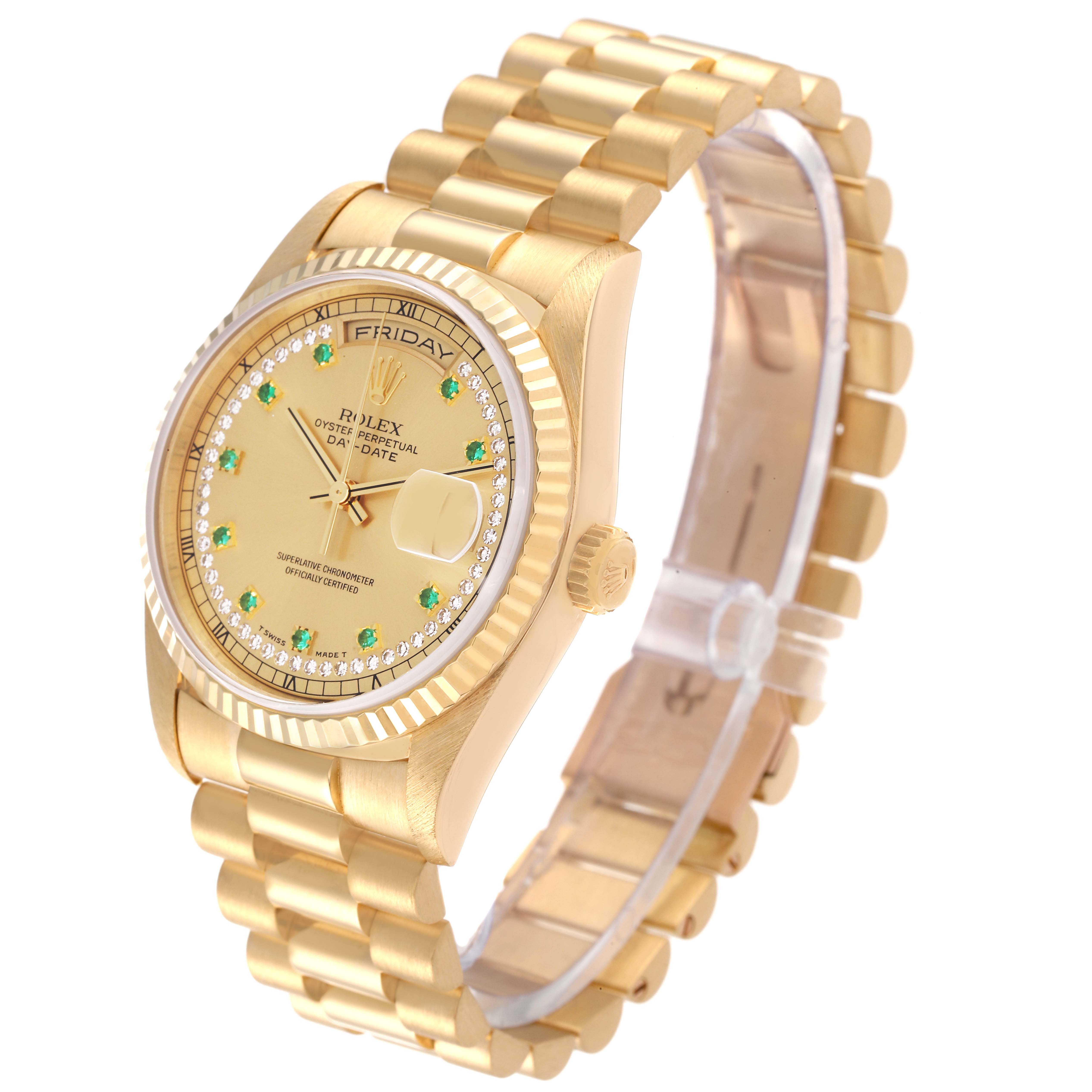 The image shows a side angle view of a Rolex President 18238 Men
s Yellow Gold Champagne Dial 18238 Men
s Yellow Gold Champagne Dial model, focusing on the face, bezel, and bracelet.
