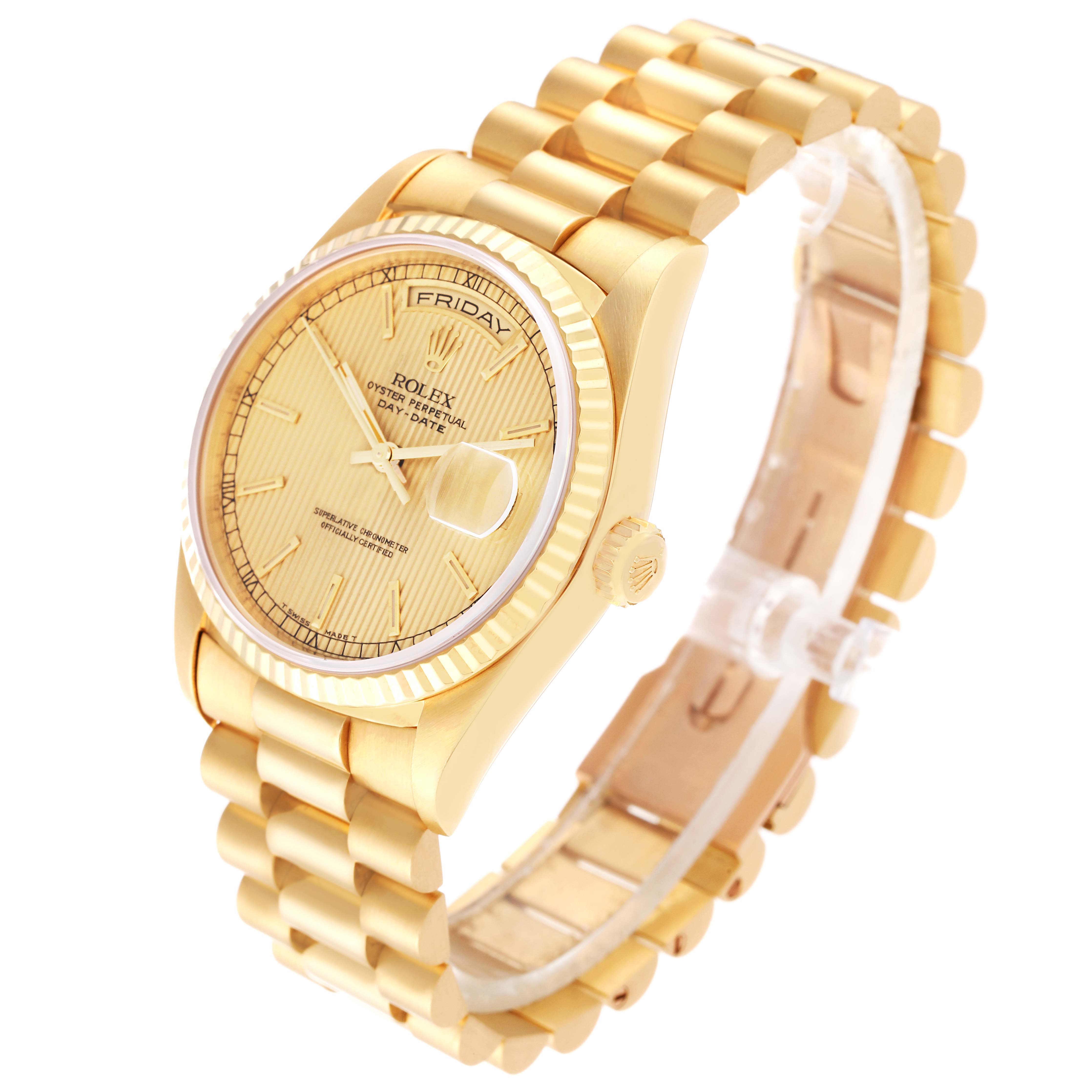 The Rolex President 18238 Men
s Yellow Gold Champagne Dial 18238 Men
s Yellow Gold Champagne Dial model watch is shown at a slight side angle, displaying the face, bezel, crown, and bracelet.